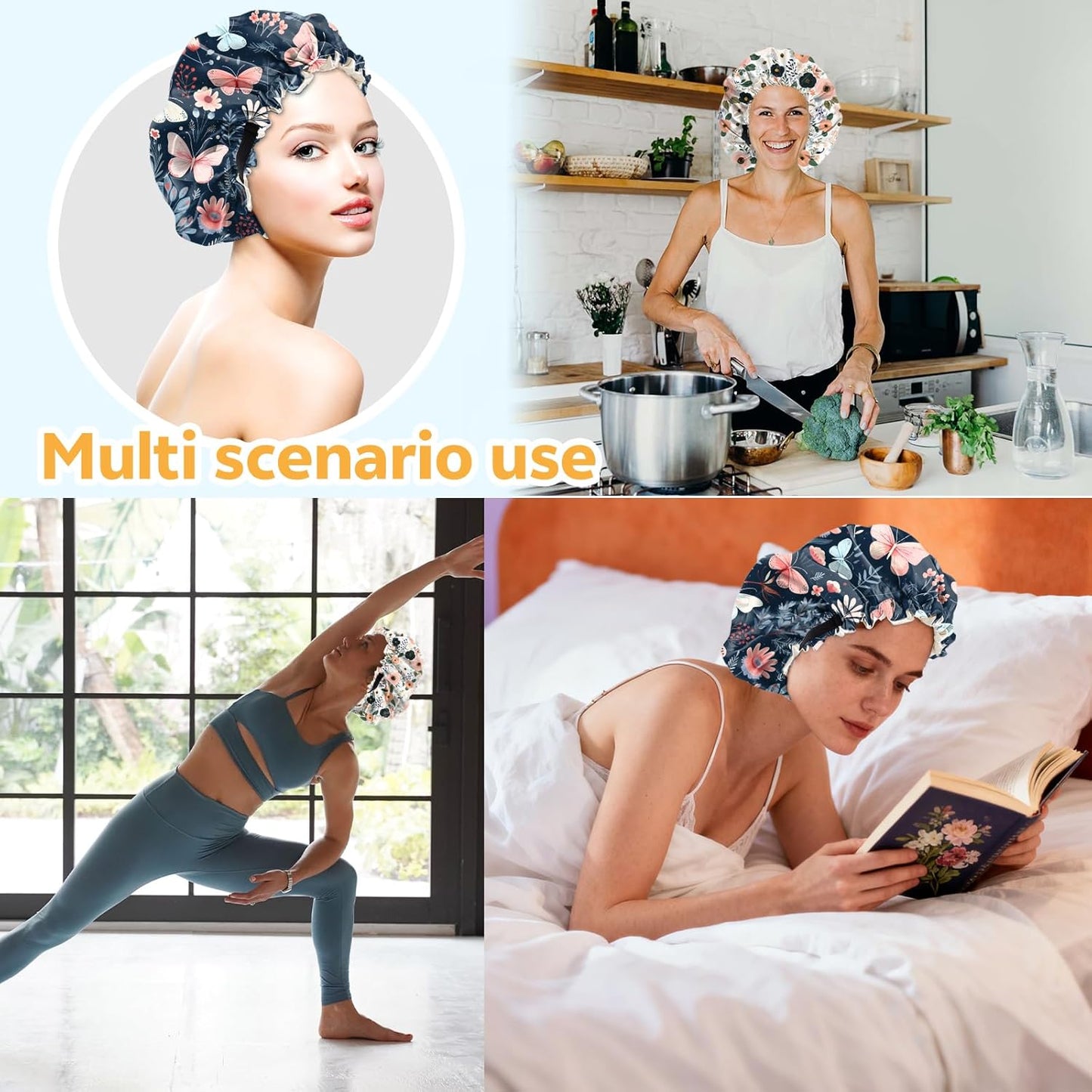 2 PCS Bonnets for Women Girls Satin Hair Bonnet Silk Adjustable Elastic Double Layer Hair Wrap Sleep Cap Comfort Cute-Floral