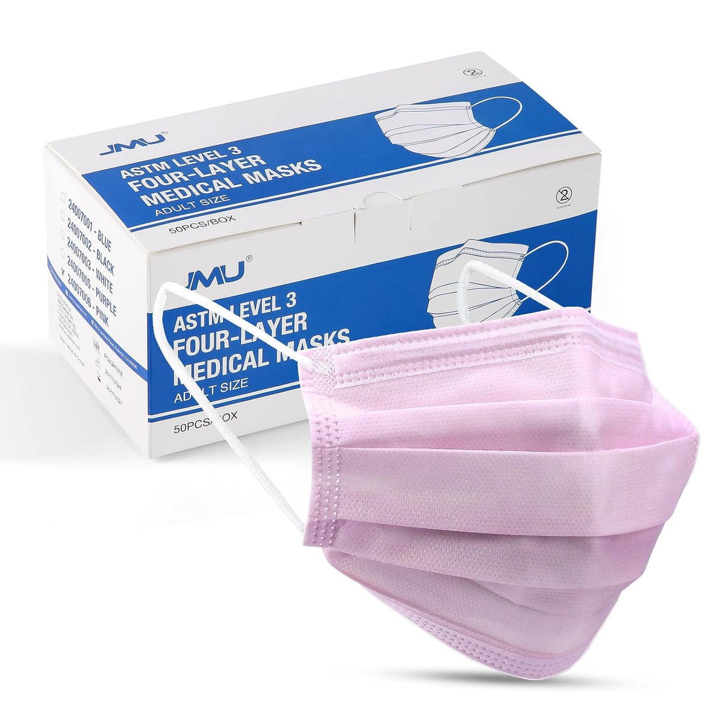 JMU 50 Pack Disposable Face Masks, 4-Ply ASTM Level 3 Medical Masks for Adults, Pink