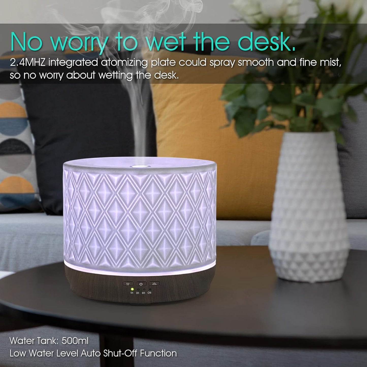Earnest Living Essential Oil Diffusers for Essential Oils Large Room Diffuser White Ceramic Diffuser 500ml Aromatherapy Diffuser with 4 Timers 7 Night Lights and Auto Off Function for Home Gift