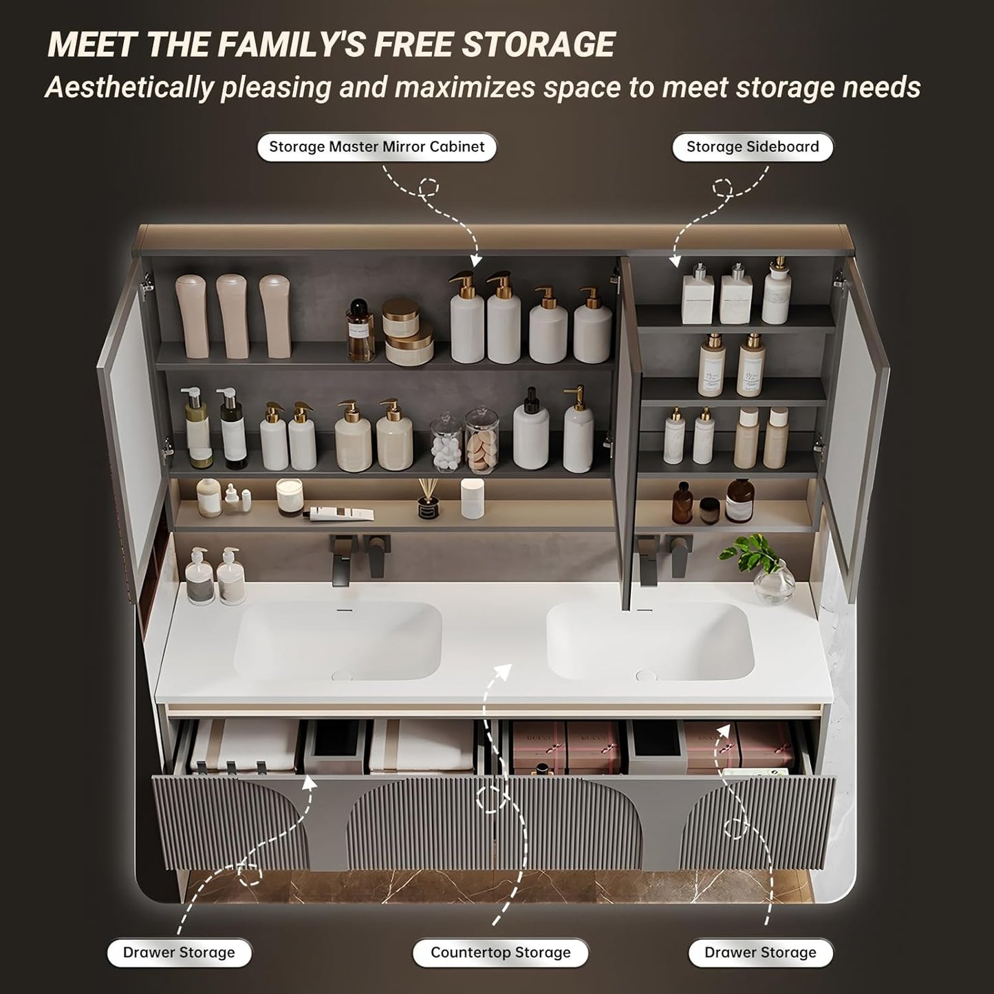 Double Bathroom Vanity with Sink, 52IN Floating Bathroom Vanity Set with Smart Defogging Mirror Cabinet and Open Shelf, Oak Wood Bathroom Cabinet with Two Drawers and Bottom Open Storage (Grey)