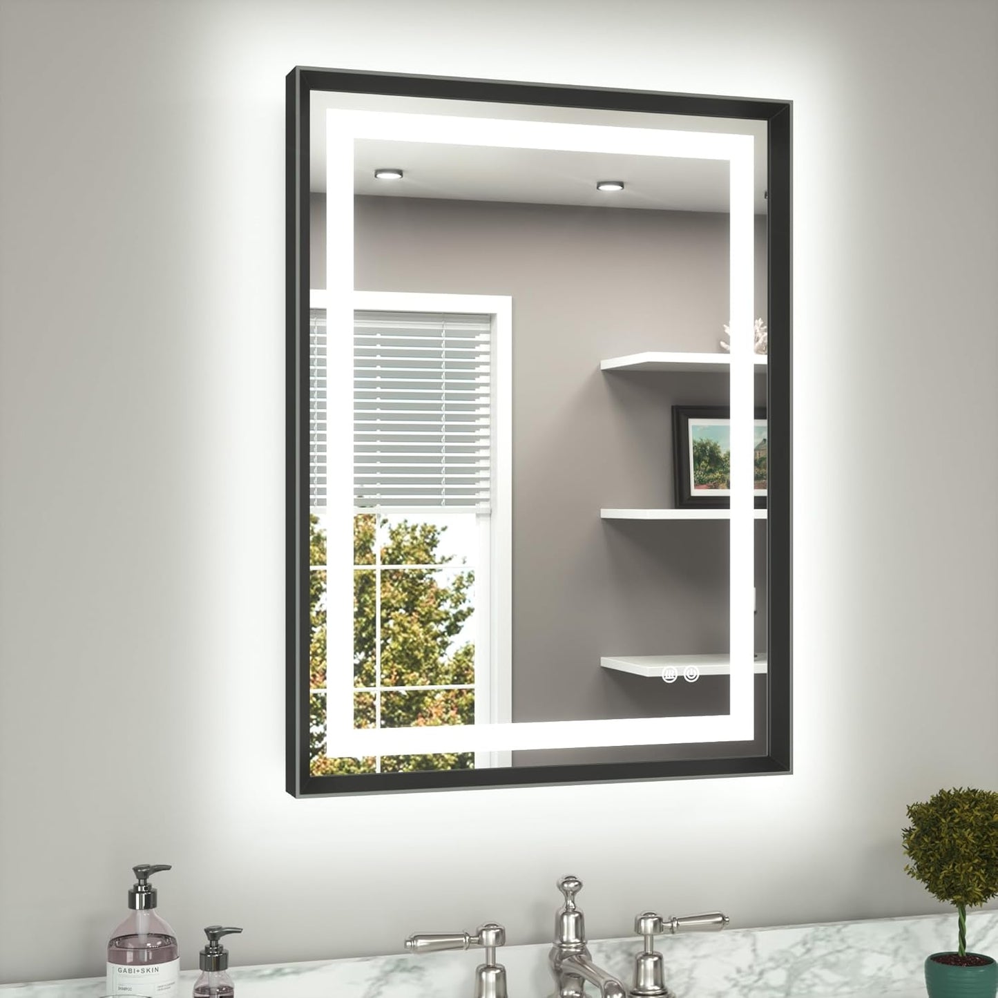 TETOTE 24 x 32 Bathroom LED Mirror Brushed Black Metal Frame Frontlit & Backlit Vanity Mirror Anti-Fog Stepless Dimmable 3 Colors White/Warm/Natural Mirror with Lights Wall-Mounted