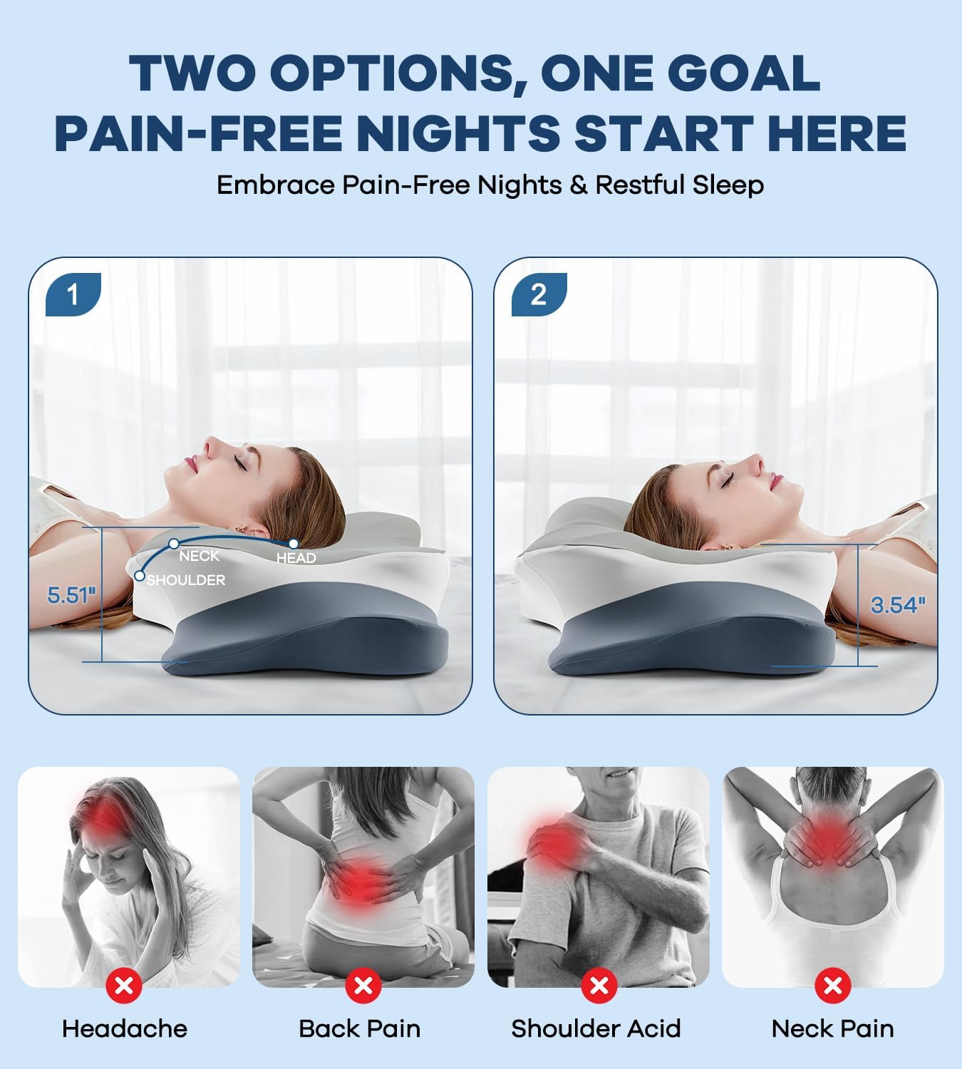 Cervical Pillow for Neck Pain Relief -Cooling Ergonomic Memory Foam Pillow with Ice Silk Pillowcase, Dual-Height Orthopedic Support Contour Pillow for Side/Back/Stomach Sleepers, CertiPUR-US Certified