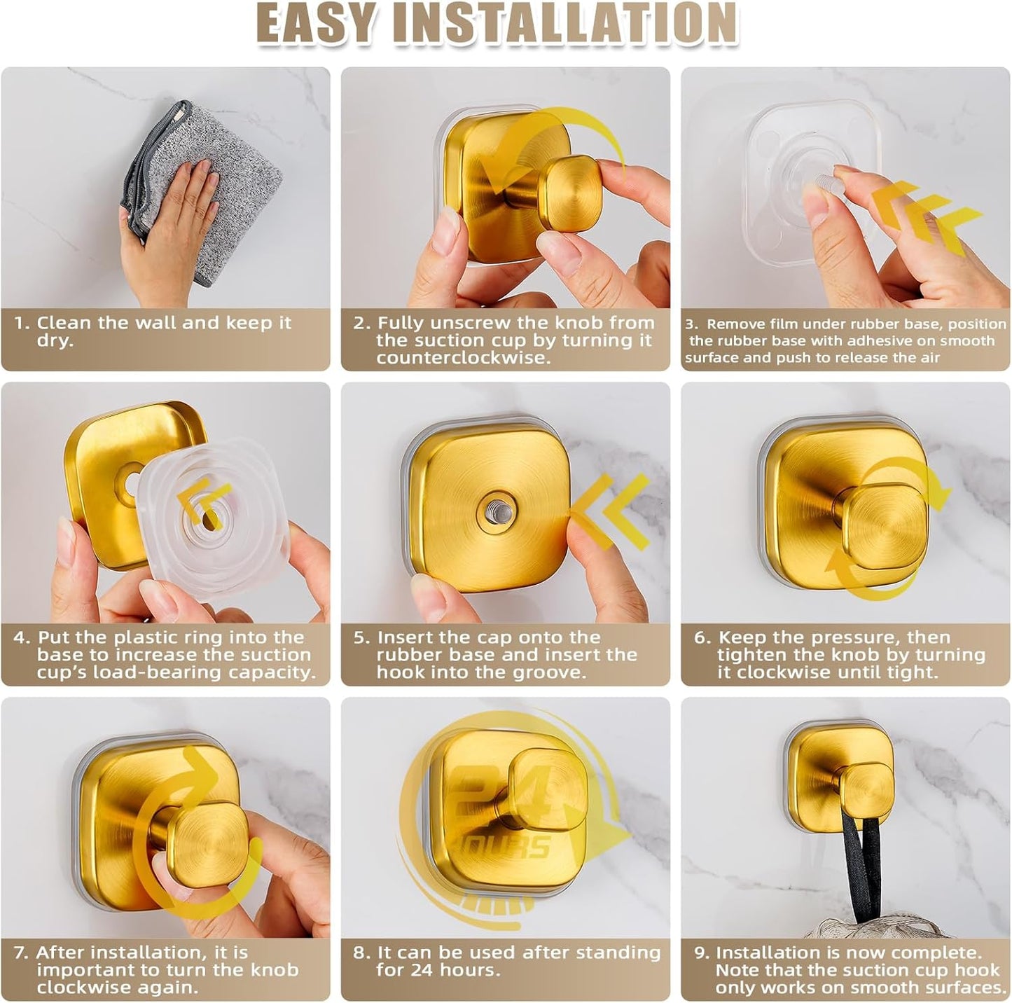 Suction Cup Hooks for Shower - Resuable Bathroom Hooks for Towels, Robes & Loofah - No-Drill Mounting on Kitchen,Walls,Metal,Glass,Mirrors,Tile & Smooth Non-Porous Surfaces (2, Brushed Gold)
