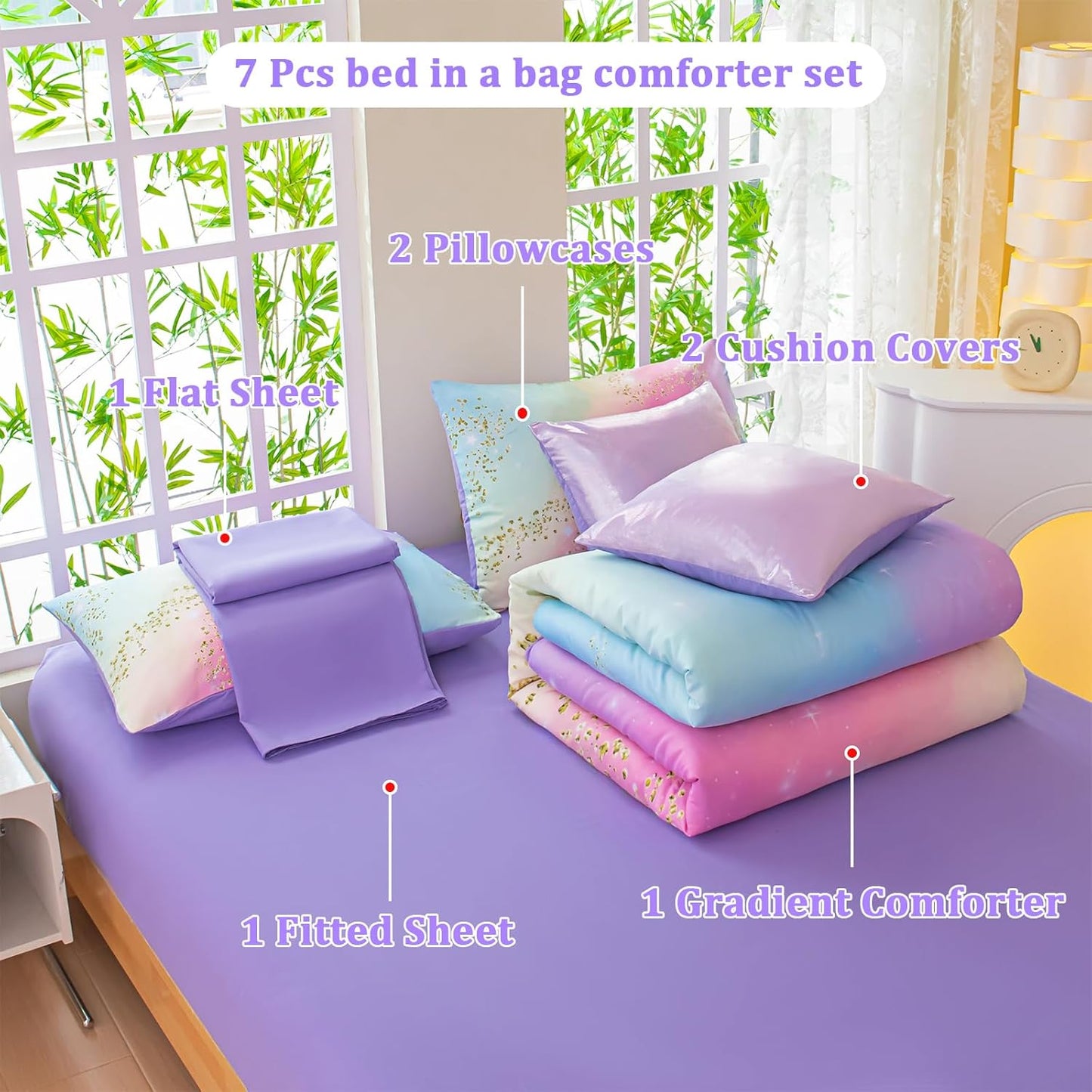 Rainbow Bedding Set Full Size – 7 Piece Reversible Girls Comforter with Deep-Pocket Sheet, Gradient Galaxy Design, Whole-Piece Filling, Machine Washable Bed-in-a-Bag for Kids Room Makeover & Gifts