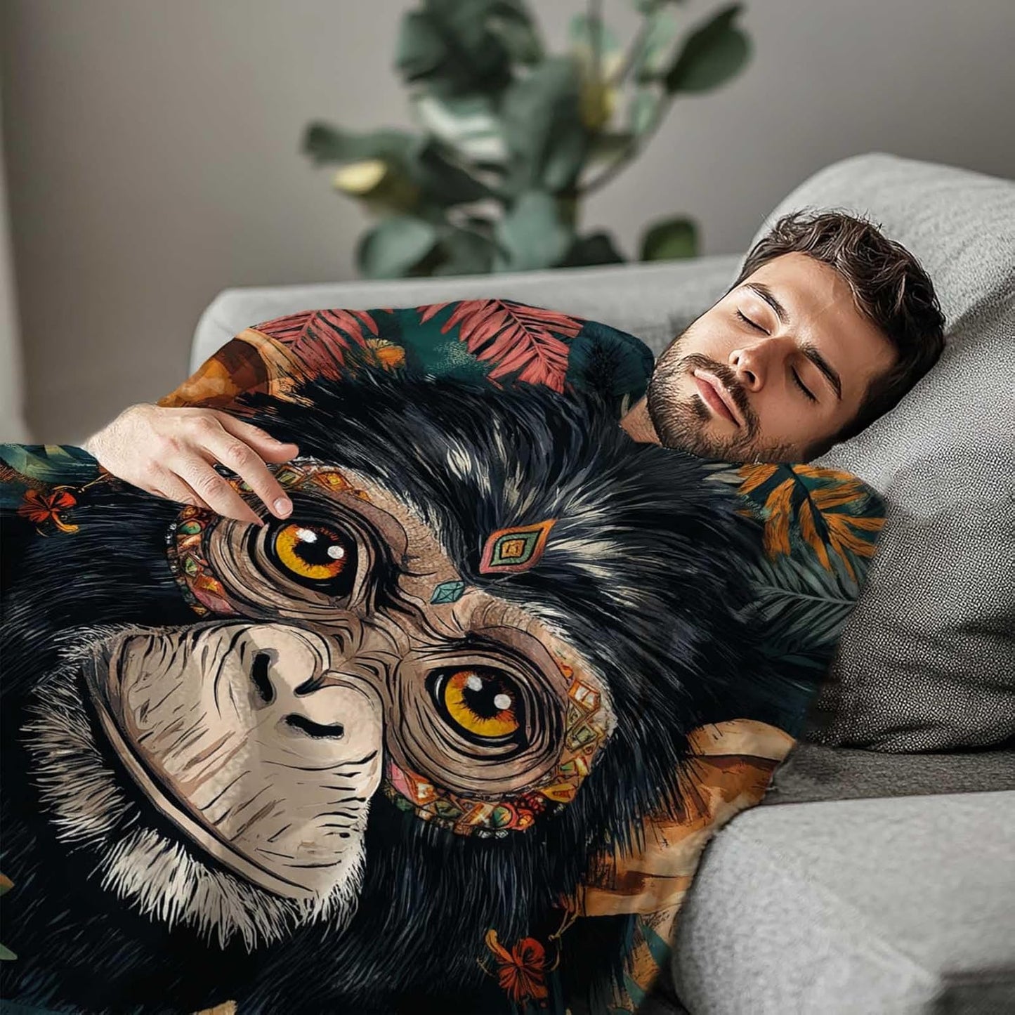 Tropical Monkey Leaves Throw Blanket | Modern Jungle Animal Decor | Lightweight and Cozy Fleece | Holiday and Birthday Gift Idea for Men and Women | 40x50 Inches