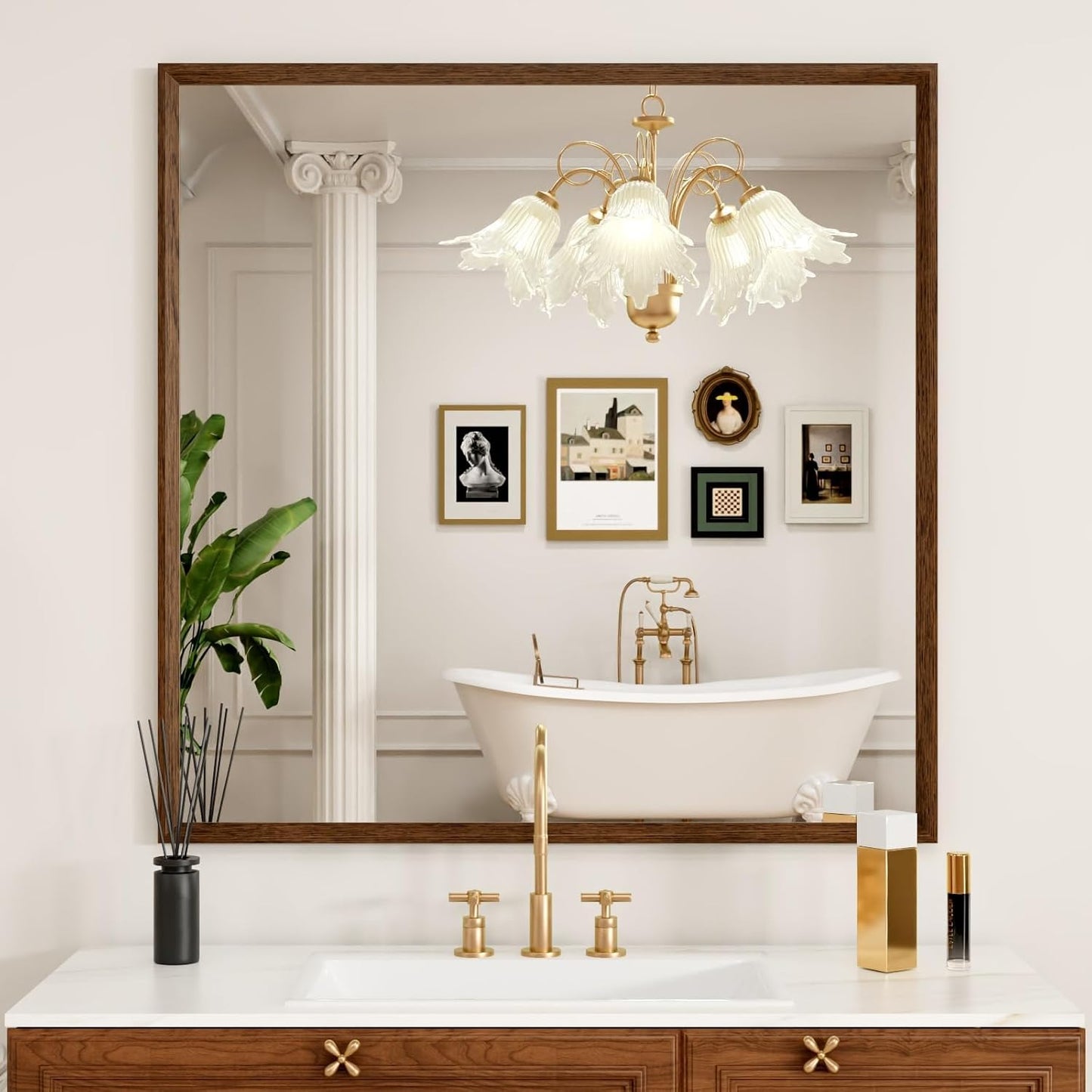 40x36 Inch Rectangle Bathroom Mirror, Walnut Wood Grain Framed, Anti-Rust & 4mm Tempered Glass, Horizontal/Vertical Hanging Vanity Mirror for Bathroom & Bedroom