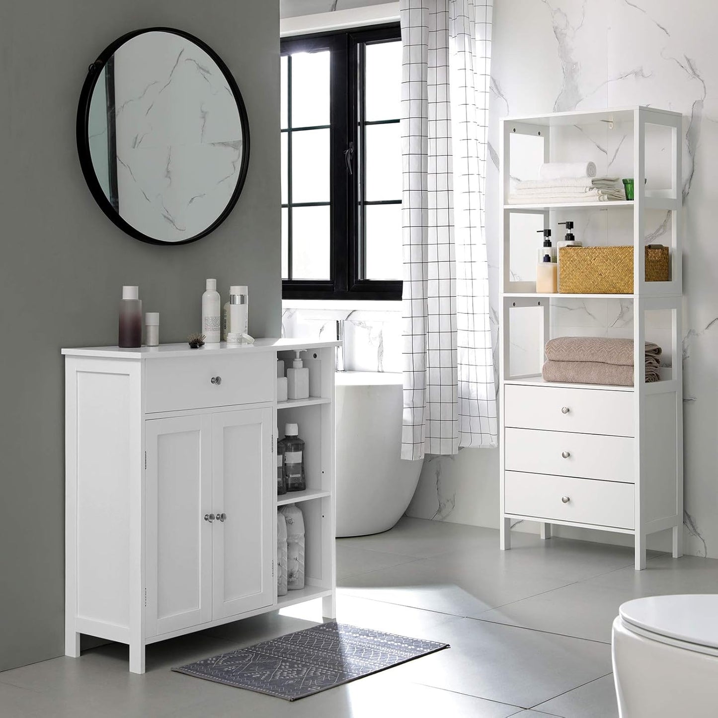 VASAGLE Floor Storage Cabinet with Drawer, Freestanding Cabinet with Doors, 3 Open Compartments, Adjustable Shelves, 11.8 x 29.5 x 31.5 Inches, for Bathroom, Living Room, Cloud White UBBC142W01