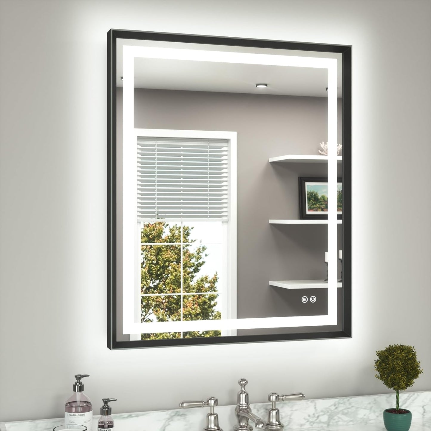 TETOTE Led Bathroom Mirror 30 x 36 with Brushed Black Frame Anti-Fog Frontlit & Backlit Vanity Mirror Stepless Dimmable Lighted Mirrors for Bathroom Wall 3 Colors White/Warm/Natural Wall-Mounted