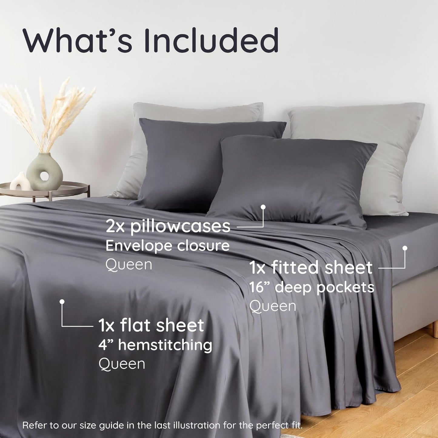 Bambaw 100% Viscose Derived from Bamboo Sheets Queen Size Set – 4pcs Cooling Sheet Set, Super Soft Sheets Queen Size, Luxury Bed Sheets, Deep Pocket Fits Up to 16'' Mattresses (Charcoal)