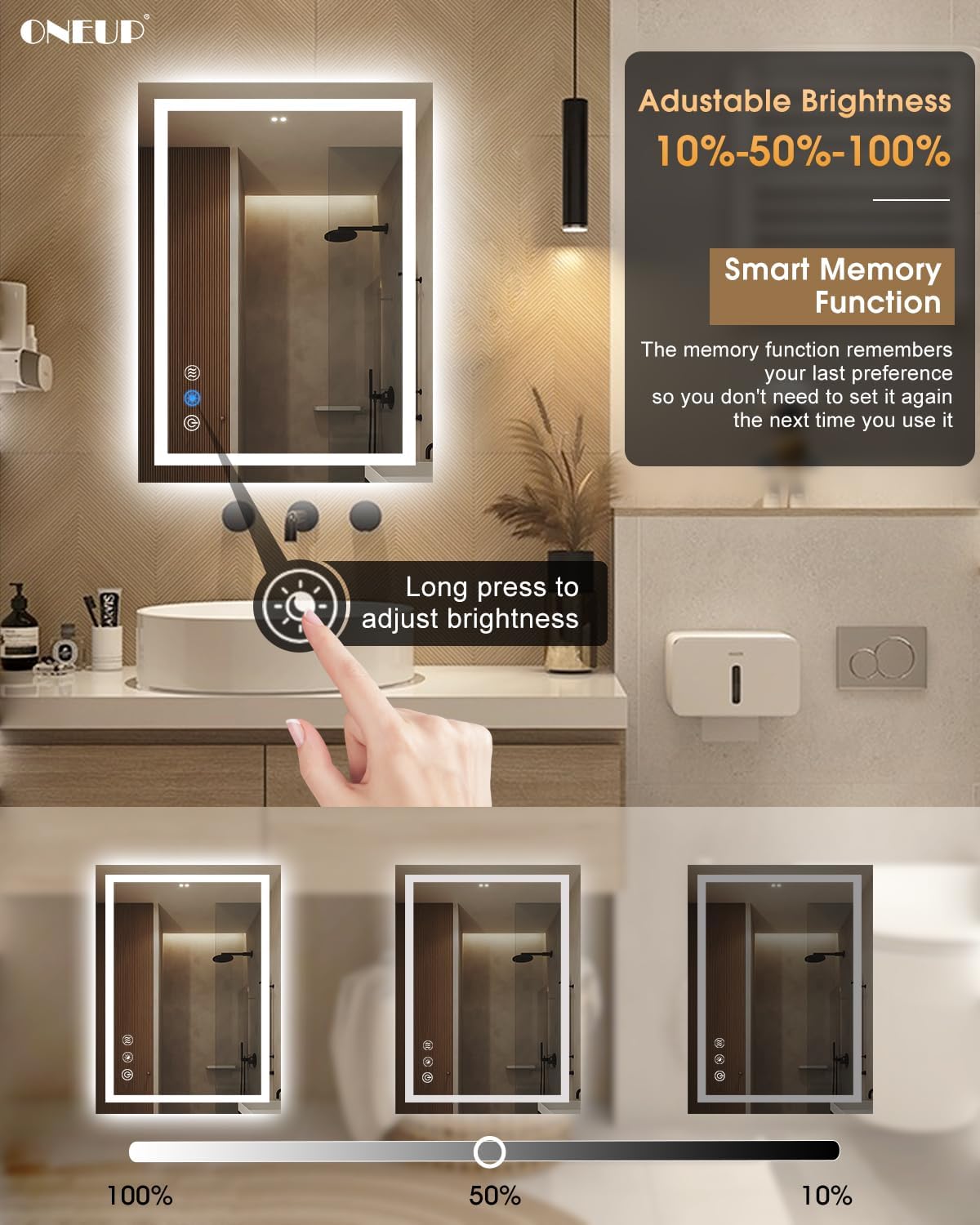 oneup 24x32'' LED Bathroom Mirror,Lighted Bathroom Mirror with Lights,Dimmable 3 Colors Temperature,Anti-Fog,Modern Vanity Mirrors for Wall,Touch Screen,Memory, Shatterproof