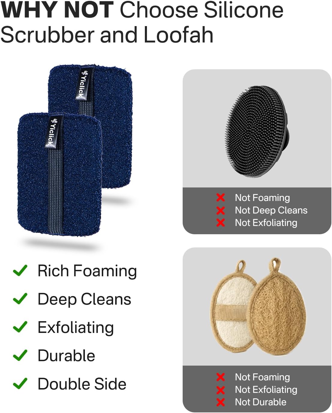 Yiclick Exfoliating Body Scrubber Exfoliator 2 Pack - Exfoliating Sponge, Shower Bath Sponge Loofah with Handle, Body Scrub Lufas Washcloth Net Brush, Dead Skin Remover for Body(Rectangle)