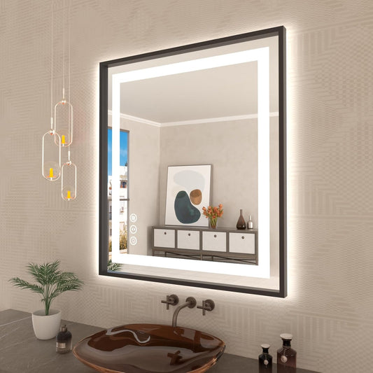 Amorho 36" X32" LED Bathroom Mirror with Black Frame, Front Light and Backlit, Stepless Dimmable, Anti-Fog, Shatter-Proof, Memory, 3 Colors, Double LED Vanity Mirror