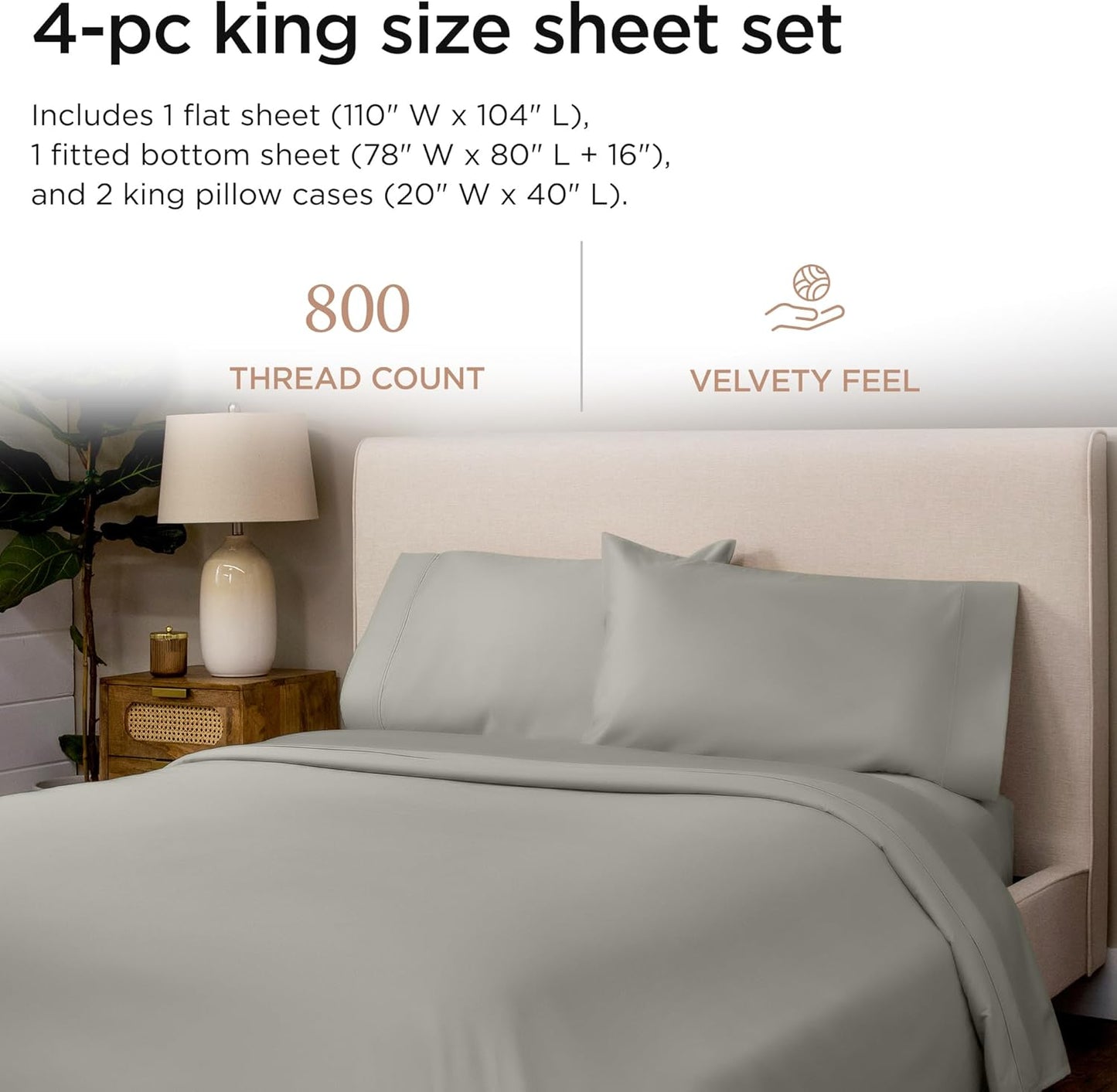 Threadmill Luxury 800 Thread Count King 100% Cotton Sheets - Moonrock Grey Sateen Weave Bed-Sheets, Better Than Egyptian Cotton, 4 Pc Solid Soft Bed Set, Fits 16" Deep Pocket