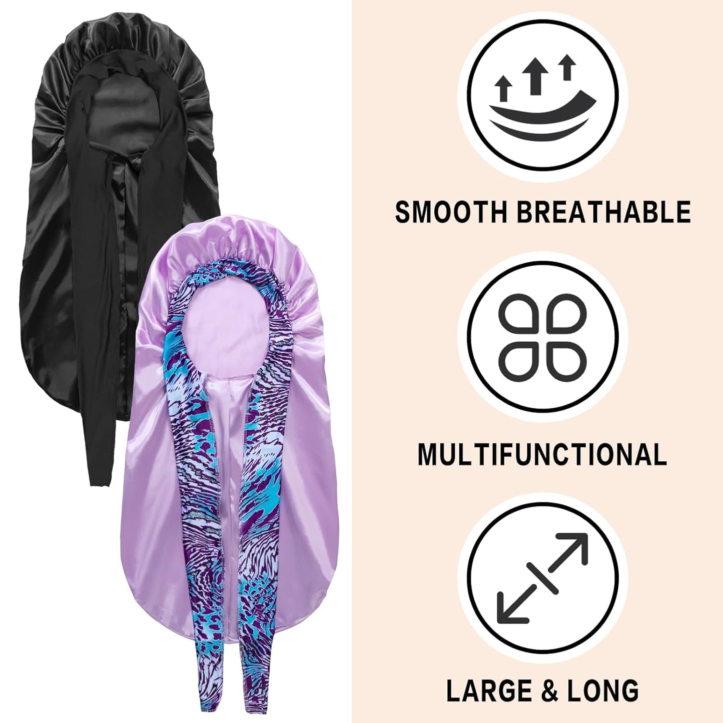 2Pcs Bonnets for Black Women Braid Bonnet, Large Long Satin Silk Bonnet for Braids,Black Women Braid Bonnet with Stretchy Tie Band for Sleeping Extra Long (Black&Light Purple Pattern