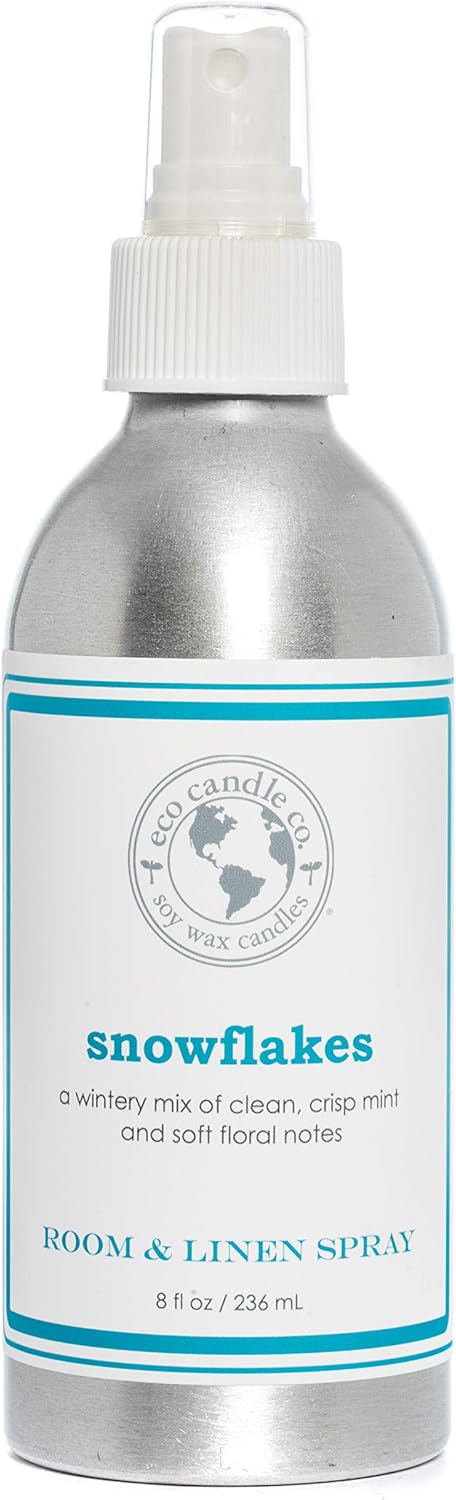 ECO CANDLE CO. Room & Linen Spray, Snowflakes, 8 oz. - Scents Of Winter, Flowers, & Mint - Recycled Aluminum Bottle, No Propellents, Pump Top, All Natural Ingredients
