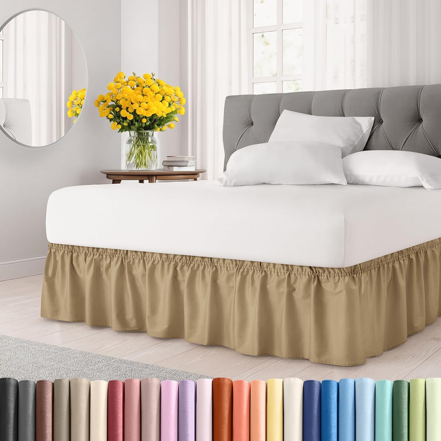 Wrap Around Dust Ruffle Bed Skirt - Beige - for King Size Beds w/ 16 Inch Drop - Easy Fit Elastic Strap - Adjustable Pleated Bedskirt w/Brushed Fabric, Wrinkle & Fade Free Women, Men, Kids & Teens