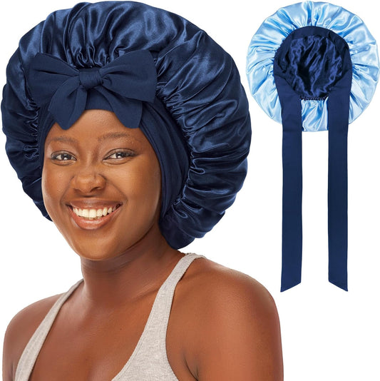 Double Layered Silk Satin Bonnet with Tie for Sleeping Black Women, Wide Band Large Hair Wrap Sleep Cap for Curly Hair Braid