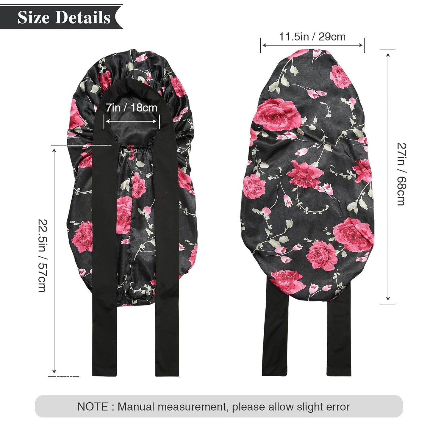 AWAYTR Long Satin Bonnet for Women - Double Layer Elastic Silk Bonnet for Braids Hair Sleeping Cap with Tie Band (Flower C)