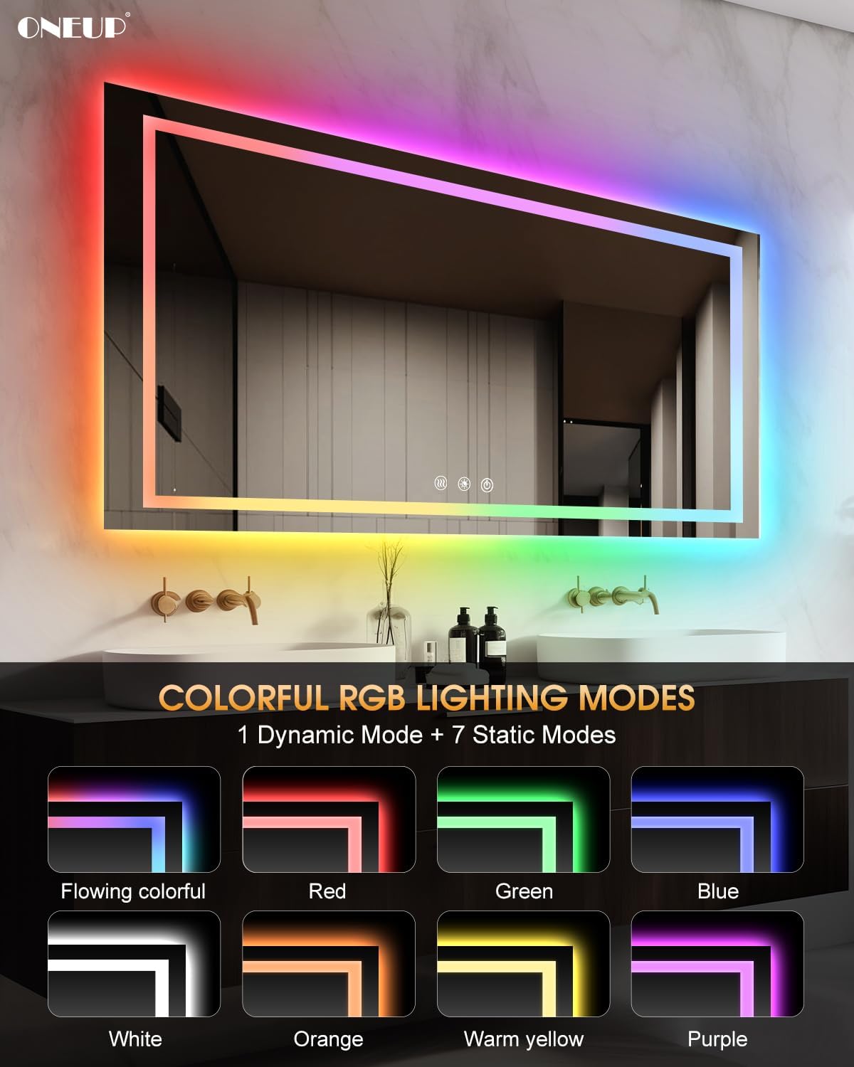 oneup 60x40 Inch LED Bathroom Mirror,RGB Color Changing Bathroom Mirror with Lights,Anti-Fog Wall-Mounted Vanity Mirrors,Smart Dimmable Multicolor Lighted,IP54 Waterproof
