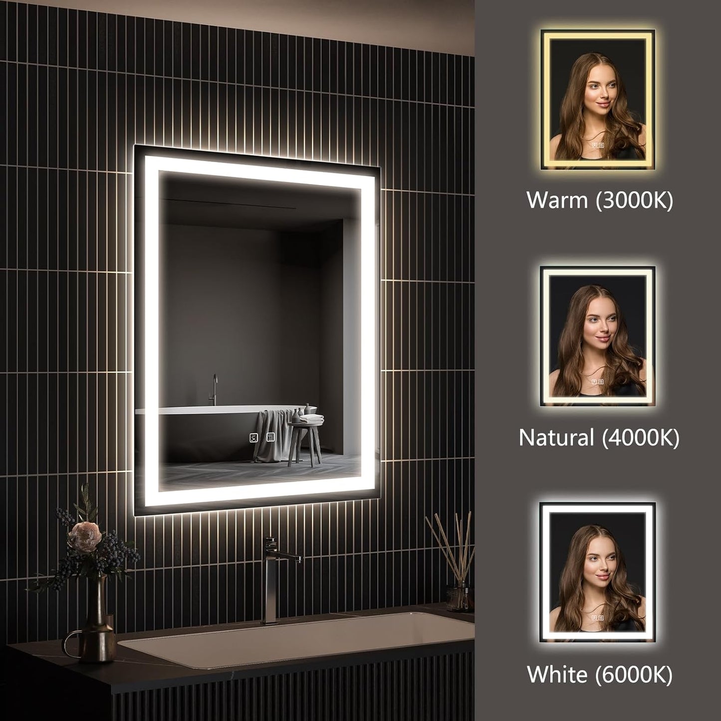 APRILSOUL 24x30 Inch LED Bathroom Mirror with Front and Backlit, Makeup Mirror with 3 Color Lights, Memory Function, Anti-Fog and Dimmable Light (Horizontal)