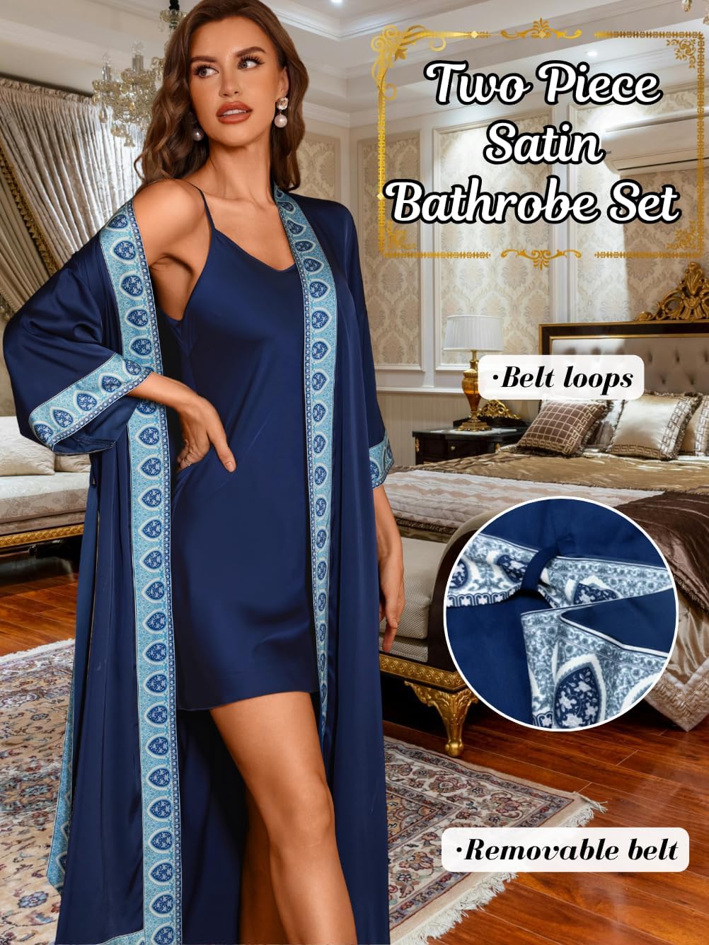 Satin Robe Sets For Women, 2-PC Lightweight Bathrobe, Silk Sleepwear Kimono Bridesmaid Sexy Robes