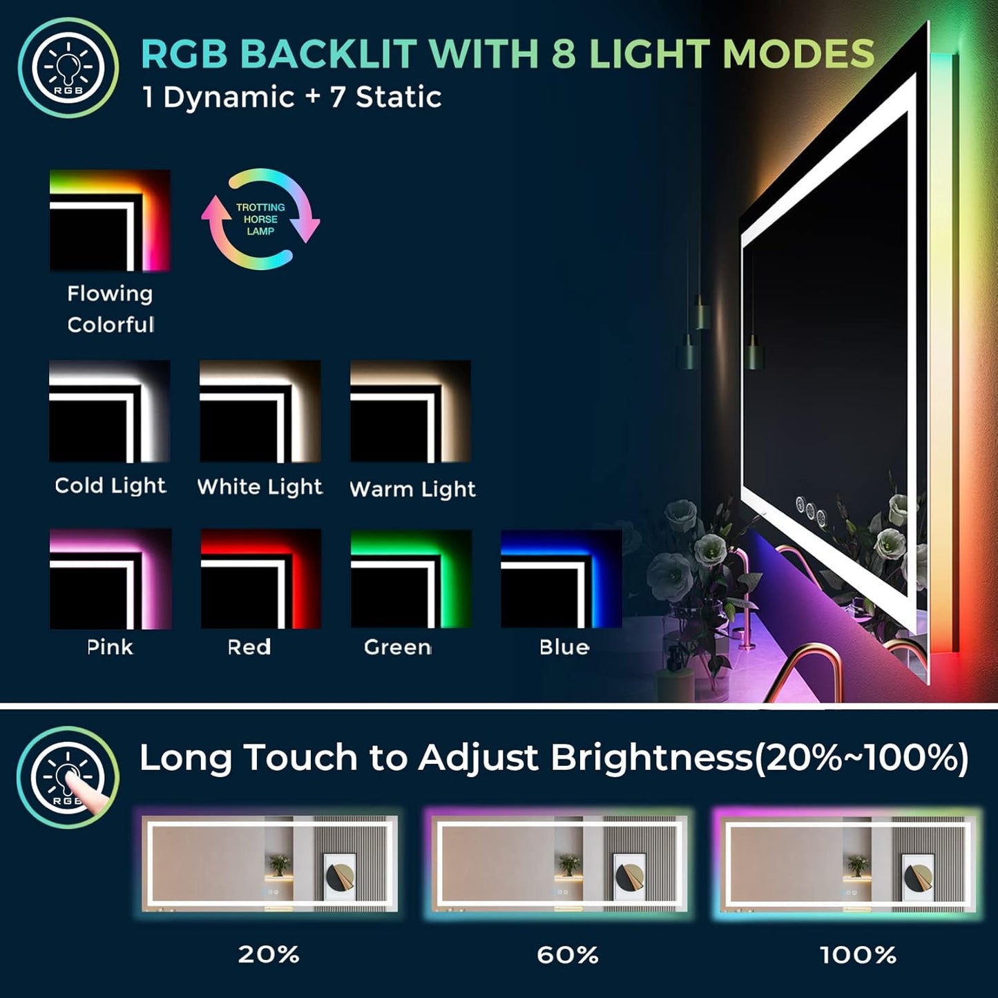 96x36 Inch RGB LED Bathroom Mirror Front Light and RGB Backlit Lighted Vanity Mirror for Bathroom Wall Mounted Dimmable Anti Fog Memory Shatter-Proof IP54 Waterproof Horizontal/Vertical