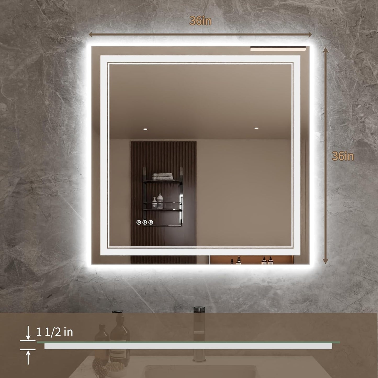 Bathroom Mirror with Lights 36"X36" with Front Light and Backlit, Tempered Glass, Wall Mount Horizontal/Vertical, Stepless Dimmable, 3 Colors, Anti Fog, Bathroom Memory LED Mirror