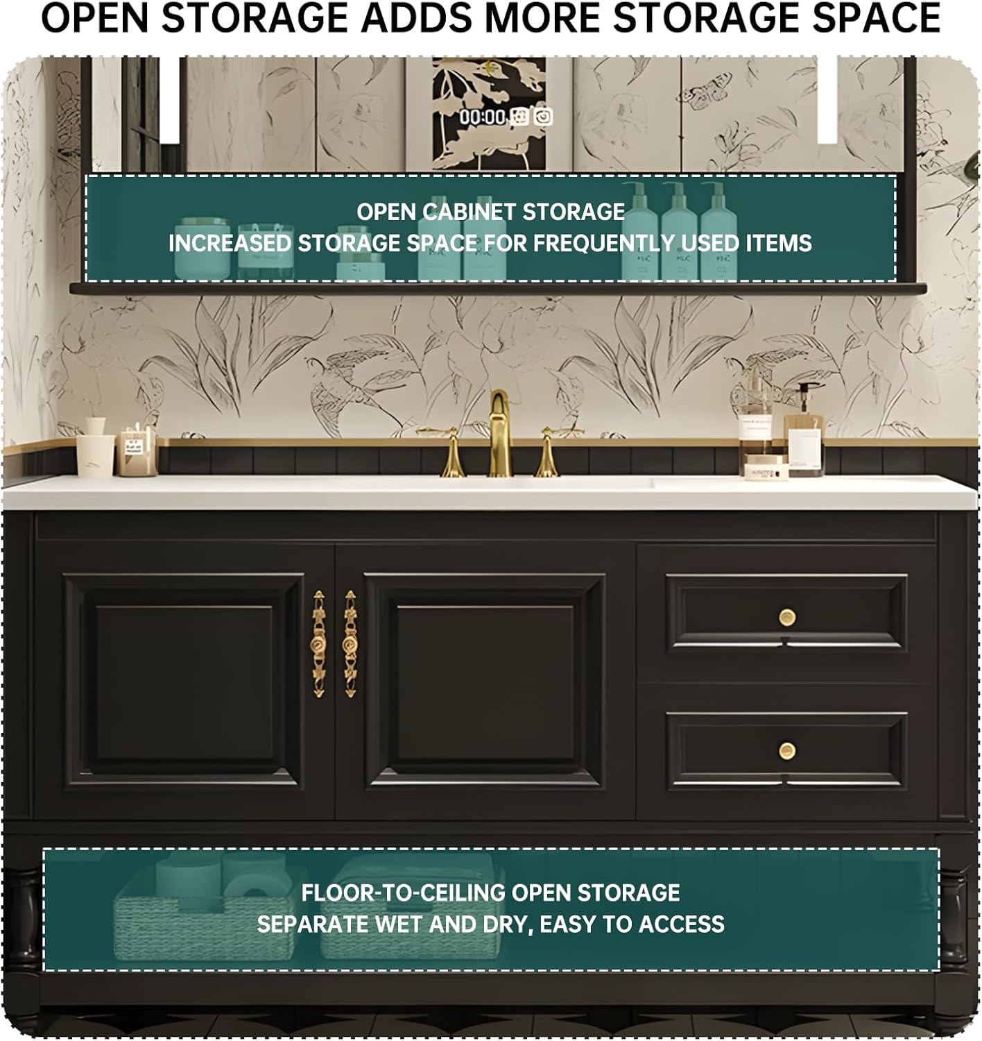 88" Double Bathroom Vanity with Sink,Freestanding Bathroom Vanity Large Storage Cabinet & Open Mirror Cabinet,4 Soft Closing Doors and 2 Drawers Solid Wood Luxury Bathroom Vanities Set,Black