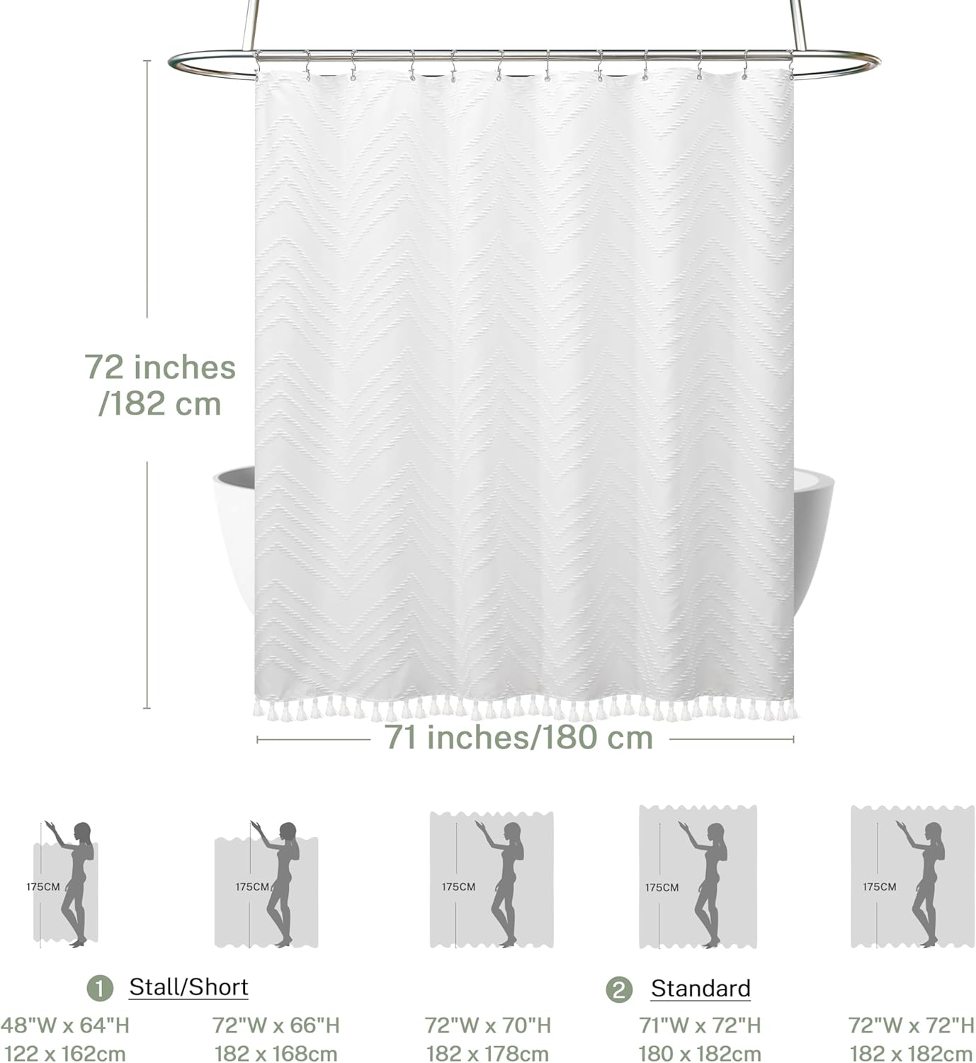 Boho Shower Curtain White Tassel Woven Fabric Shower Curtain 71 x 72 Modern Farmhouse Textured Tufted Chevron Striped Minimalist Bathroom Shower Curtains