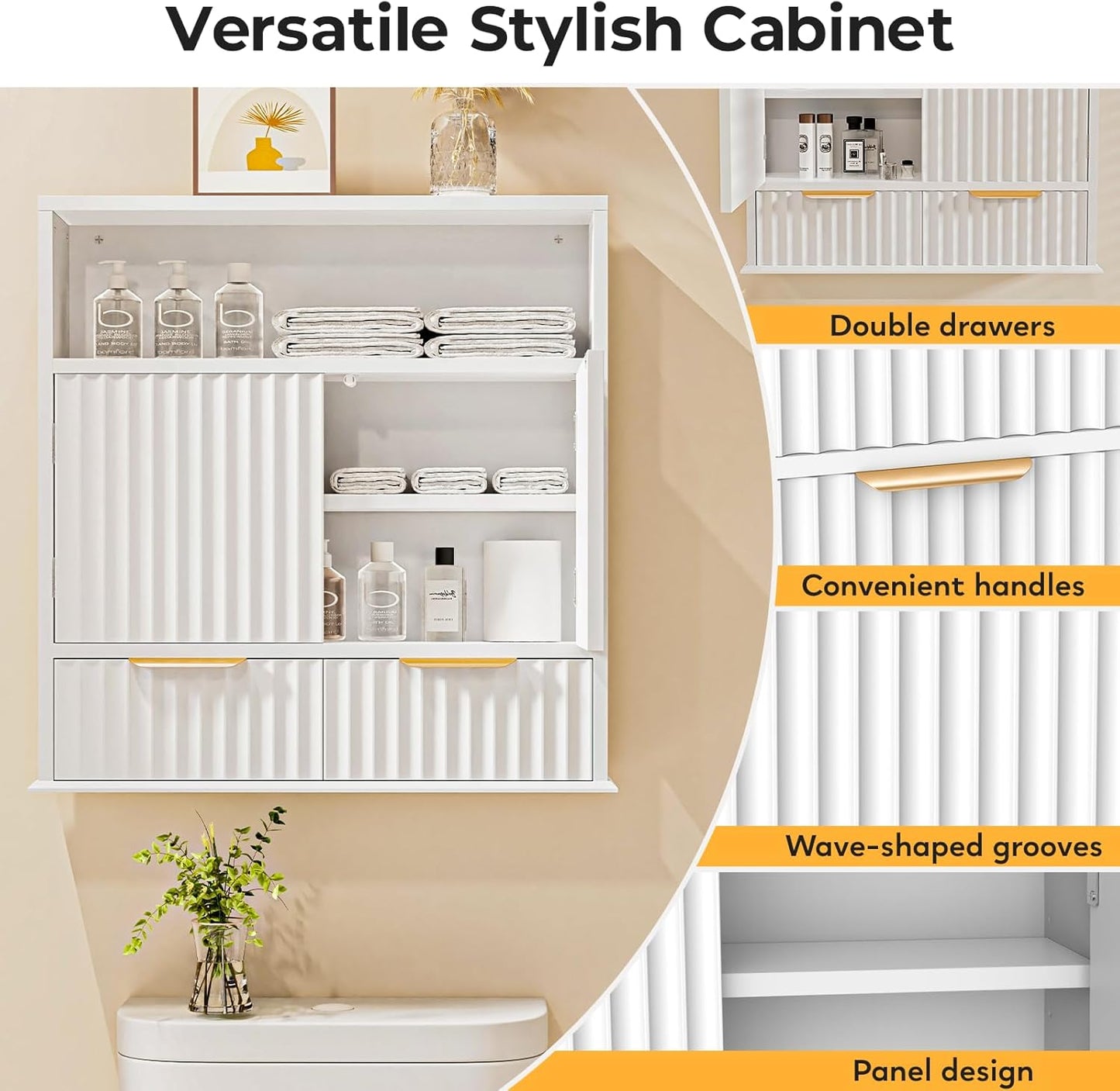 Bathroom Wall Cabinet, Wall Mounted Medicine Cabinet with Drawers, Modern Farmhouse Storage Cabinet with with Adjustable Wood Shelf & Doors for Bathroom, Kitchen, Laundry Room (White)
