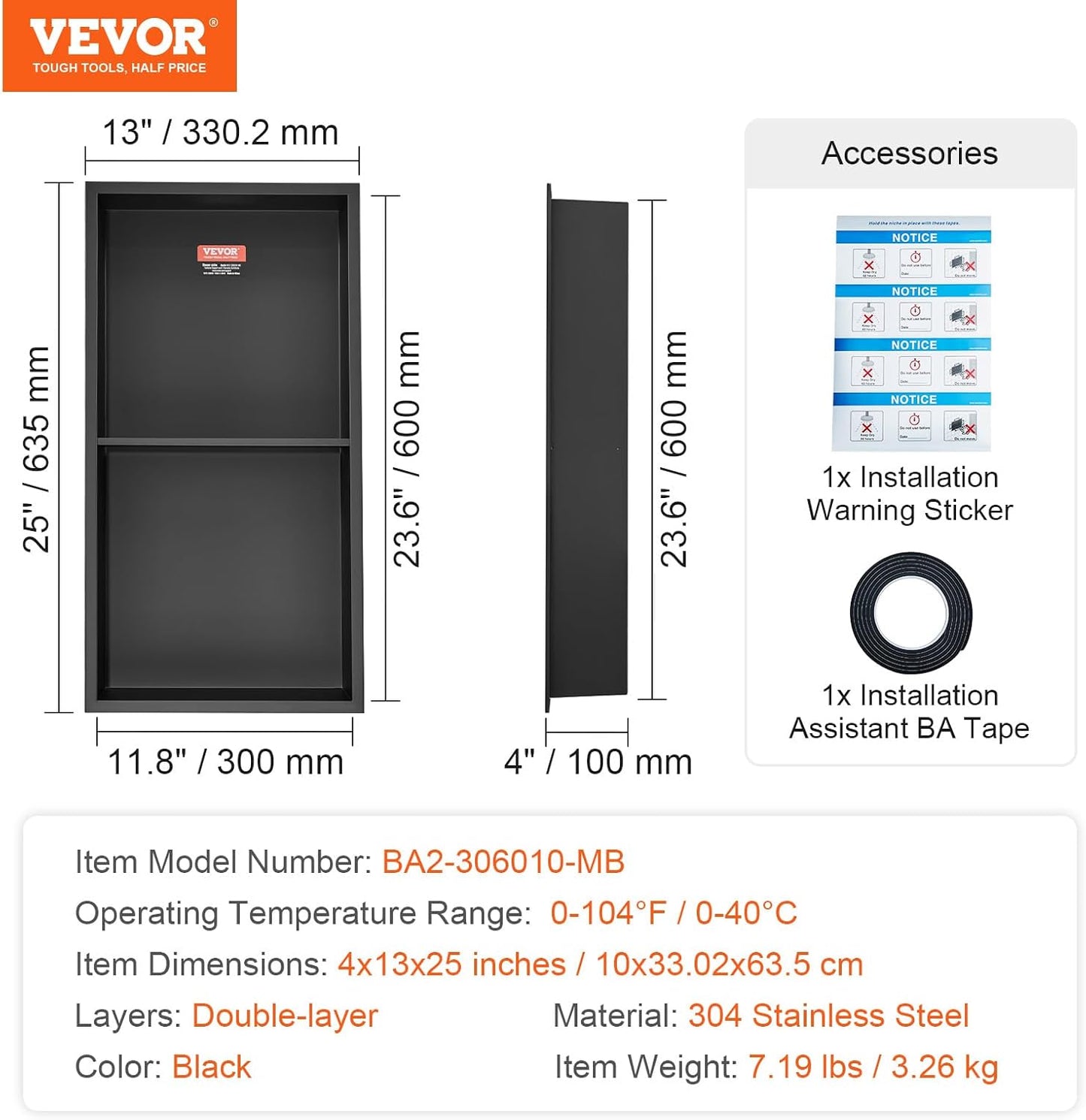 VEVOR 13"x25" Shower Niche No Tile Needed 304 Stainless Steel, Recessed Shower Niche Shelf for Bathroom Storage, Brushed Nickel