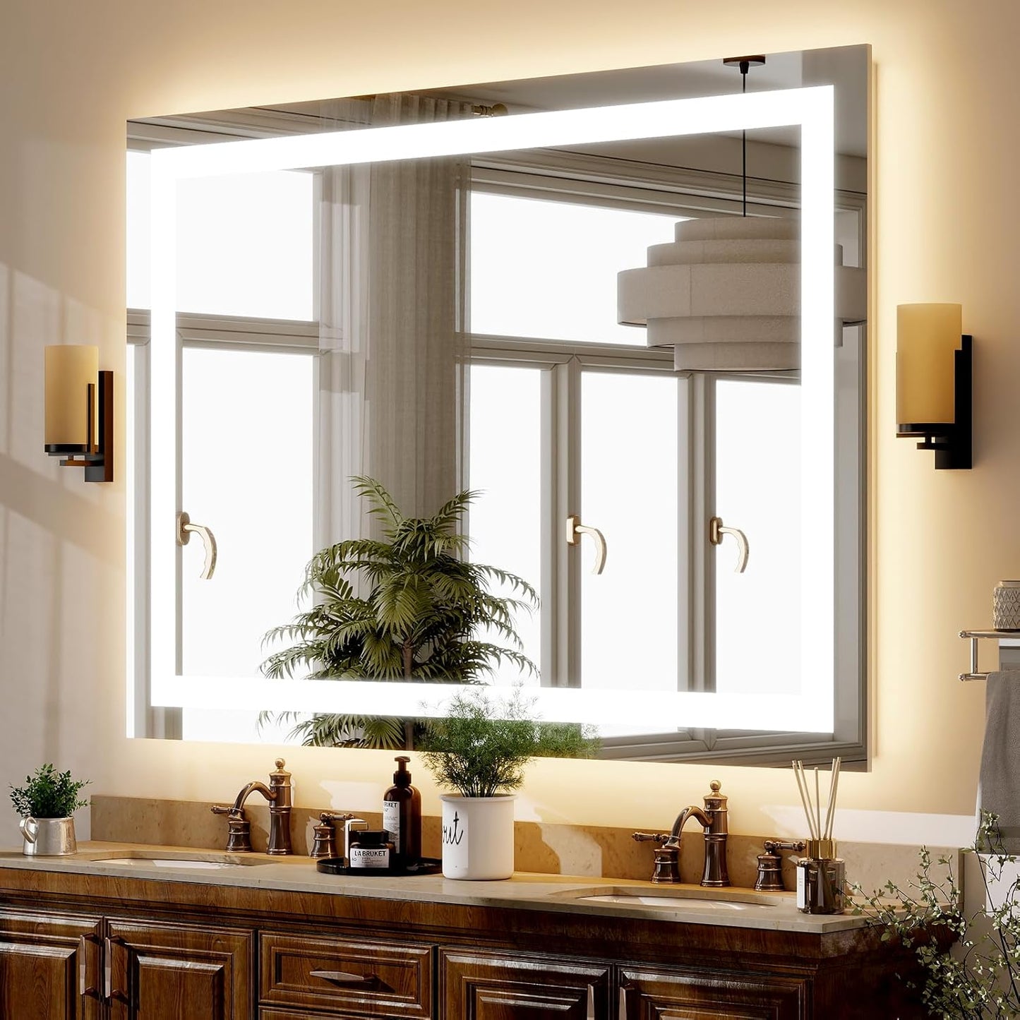 GLSLAND 30"x40" LED Bathroom Mirror with Lights, Dimmable Front and Backlit Vanity Mirrors, Wall Mounted Anti-Fog Lighted Mirror, Horizontal/Vertical Hanging