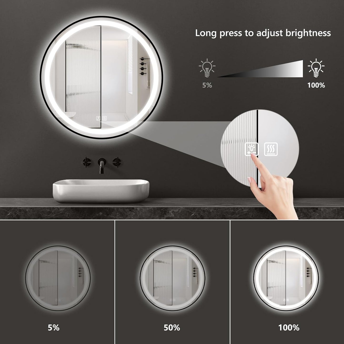 APRILSOUL 32 Inch Round Aluminum Framed LED Bathroom Mirror with Lights, Makeup Mirror with Front and Backlit, Anti-Fog, 3 Colors and Dimmable Light