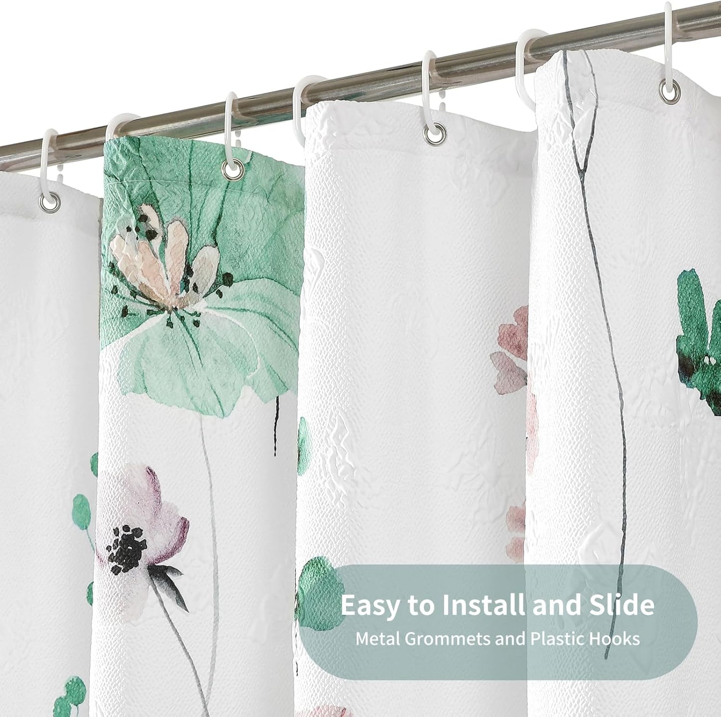 QiyI Small Stall Shower Curtain 36 x 72, Narrow Half Watercolor Floral Bath Curtain, 3D Embossed Sage Green Flower Cloth Bathroom Curtains, Waterproof Fabric White Shower Curtain Set with Hooks