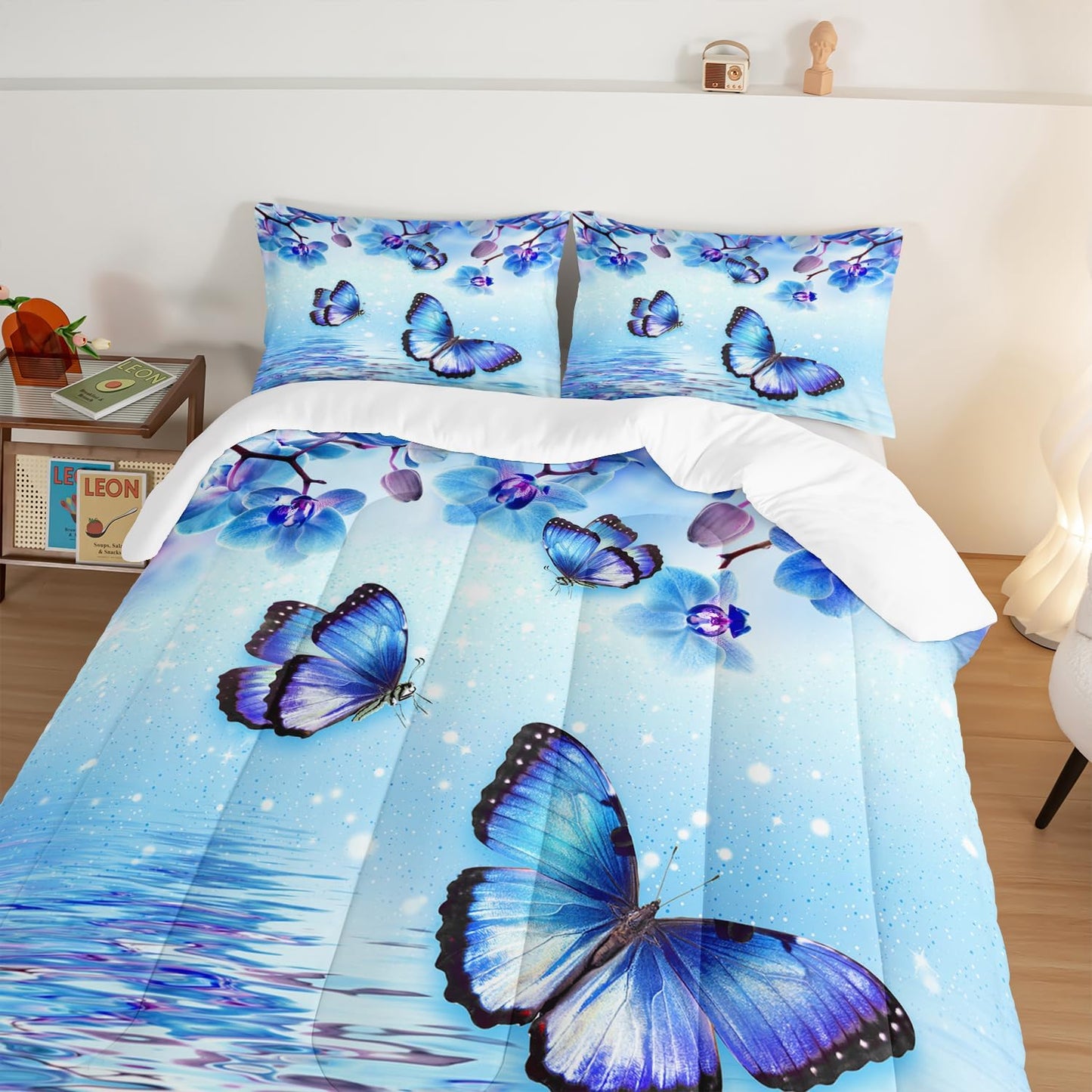 Fantasy Blue Themed Aesthetic Bedding King Comforter Set,Butterflies on Water with Falling Flowers Comforter Sets for Kids Girls Boys,Pretty Butterfly Pattern Bedding Sets with 2 Pillowcases.