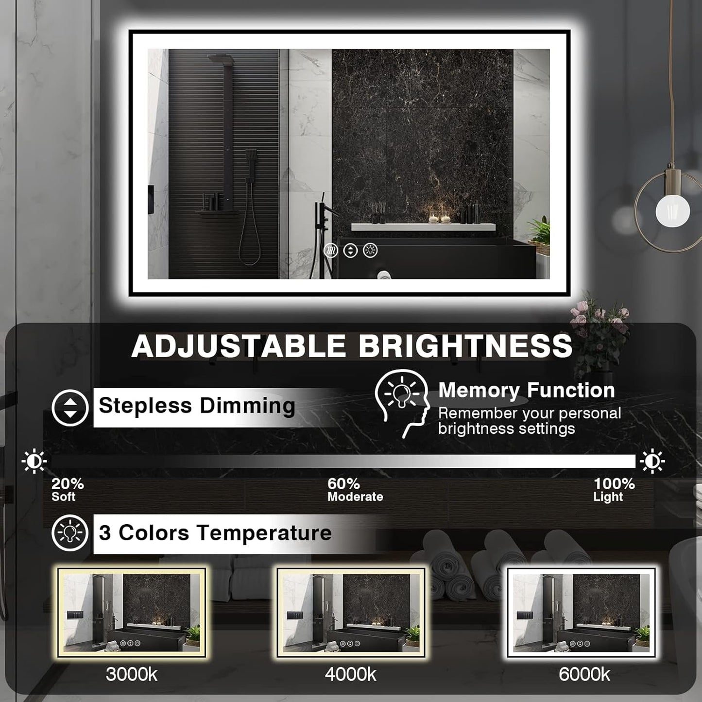60x36 LED Bathroom Mirror - Black Aluminum Framed (Front and Backlit), Anti-Fog Smart Mirror, Stepless Dimmable, 3 Colors (Horizontal/Vertical)