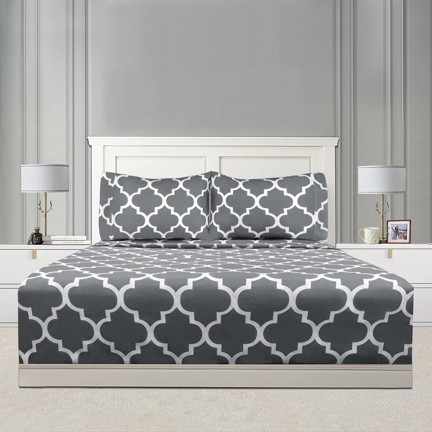 Mejoroom Full Bed Sheet Set - Super Soft Brushed Microfiber 1800 Thread Count Sheets with 16 inch Deep Pocket - Wrinkle Free - 4 Piece(Full, Gray Quatrefoil with White Pattern)