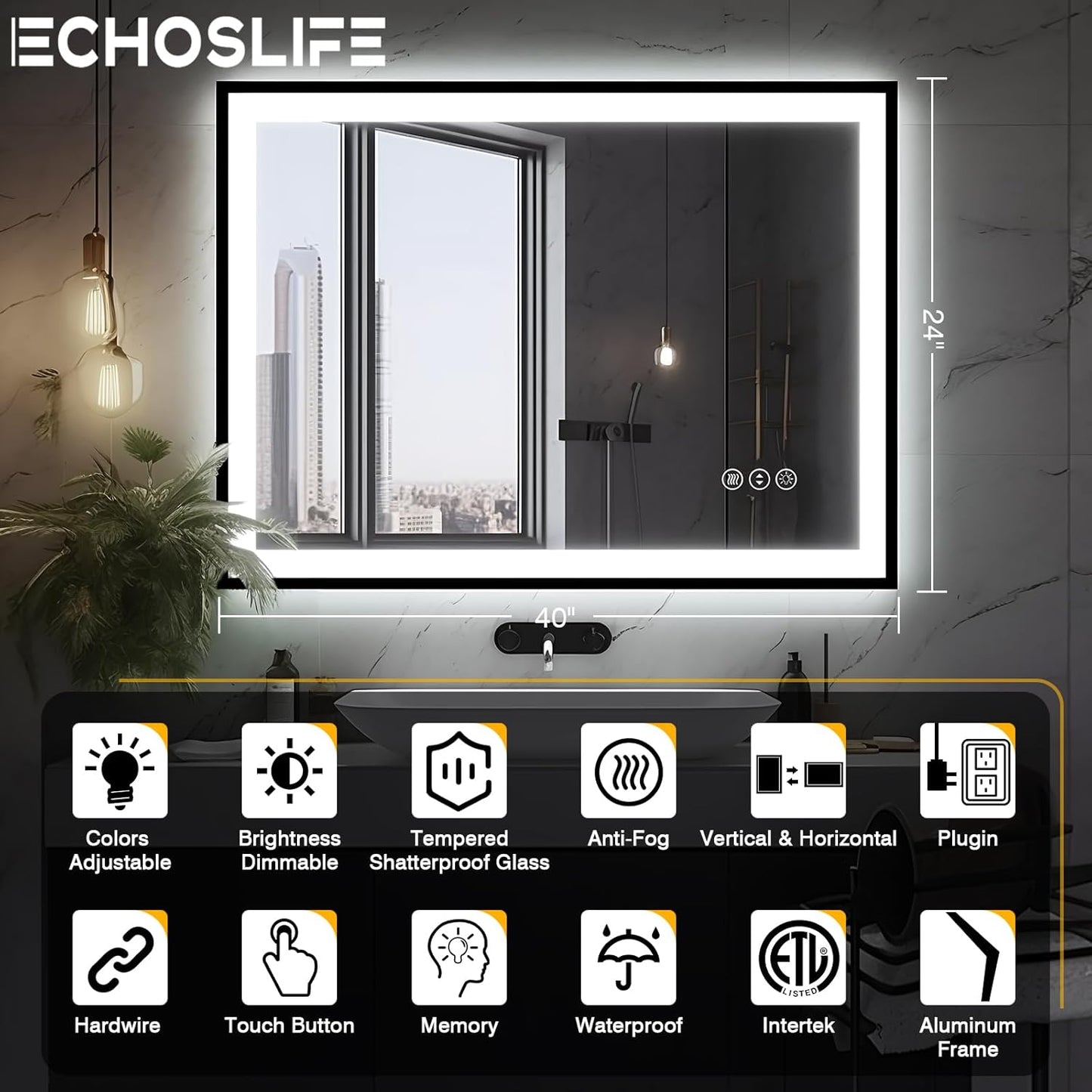 40x24 LED Bathroom Mirror - Black Aluminum Framed, Front and Backlit, Anti-Fog, Stepless Dimmable Lighted, 3 Colors Smart Vanity Mirror (Horizontal/Vertical)