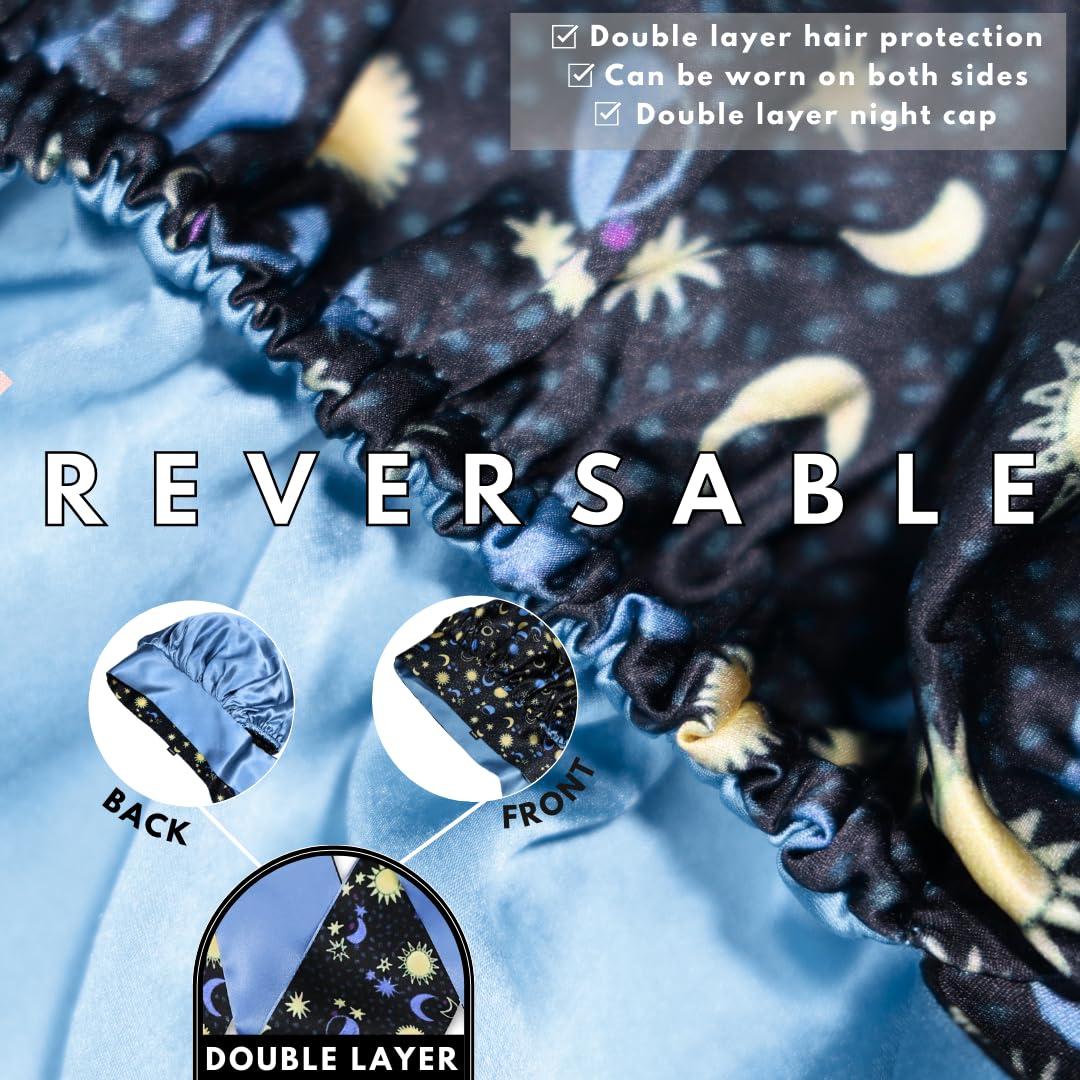 100% Mulberry Silk Bonnet for Sleeping Women, Handmade in USA 19 Momme Double Layer Reversible Silk Hair Wrap with Adjustable Ties, Non-Slip Sleep Cap for Curly & Natural Hair (sun and Moon)