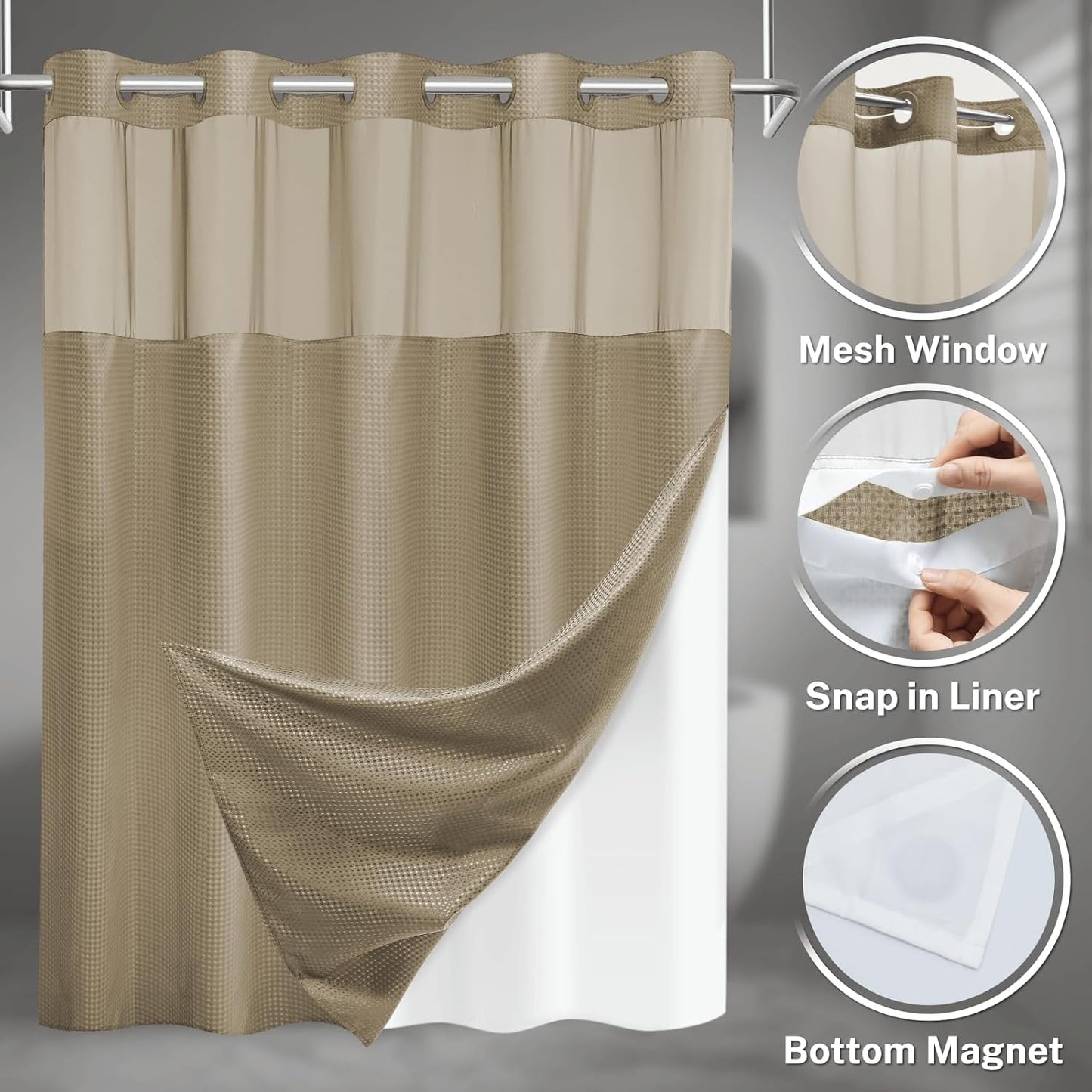No Hook Shower Curtain with Snap in Liner Set Waffle Shower Curtain for Bathroom Hotel Style Fabric Waterproof Inner Liner，71" W x 74" H, Beige
