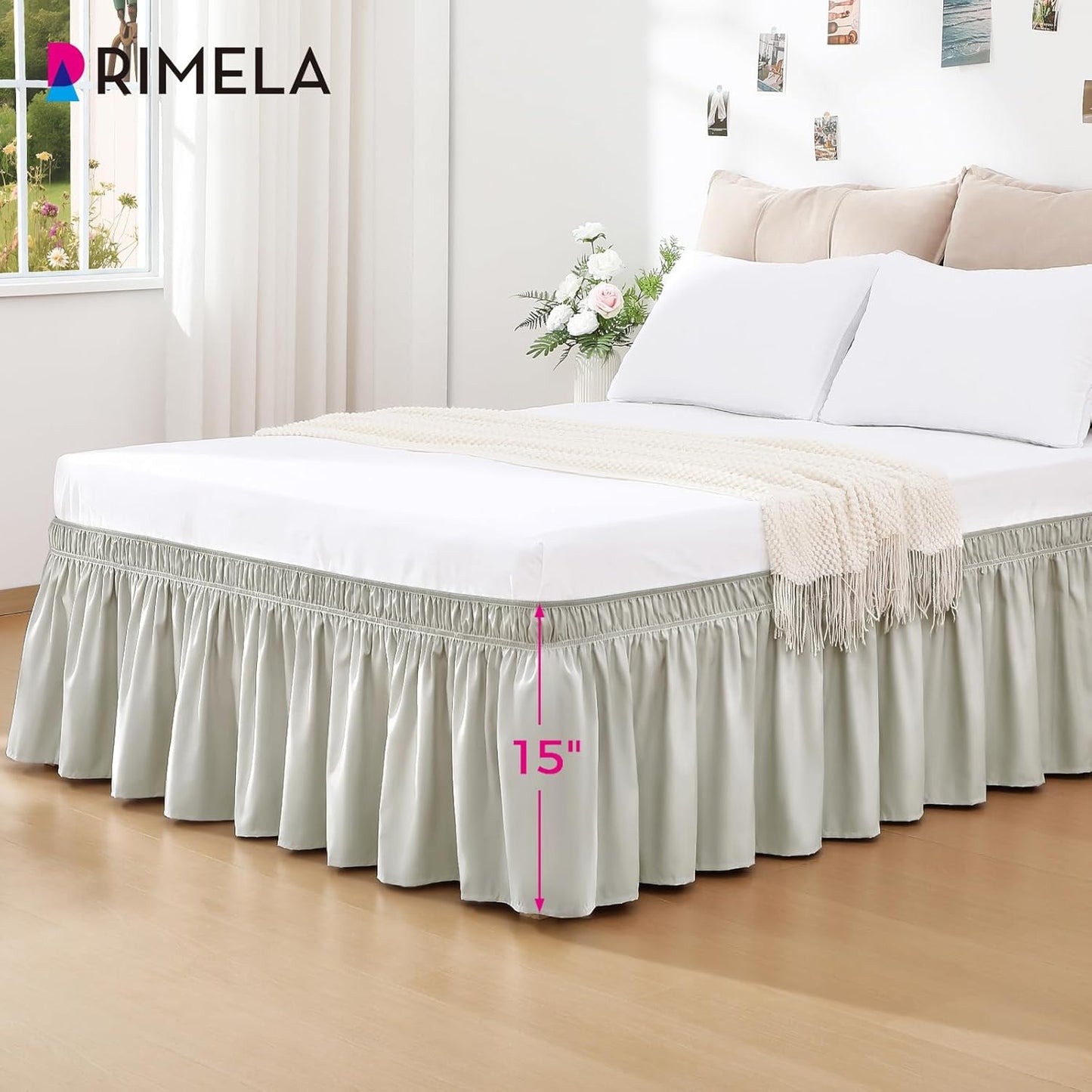 RIMELA Light Grey Bed Skirt Queen Size 15 Inch Drop, Wrap Around Elastic Bedskirt, Dust Ruffle for Adjustable Bed Base Machine Washable Easy to Install Bed Skirts