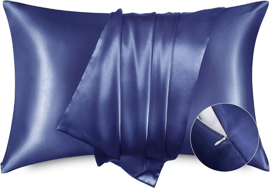 Bedsure Satin Pillowcase with Zipper, Similar to Silk Pillow Cases 2 Pack, Satin King Size Pillow Cases Set of 2, Silky & Soft Pillow Cover for Hair and Skin, Gifts for Women Men, Navy, 20x36 Inches