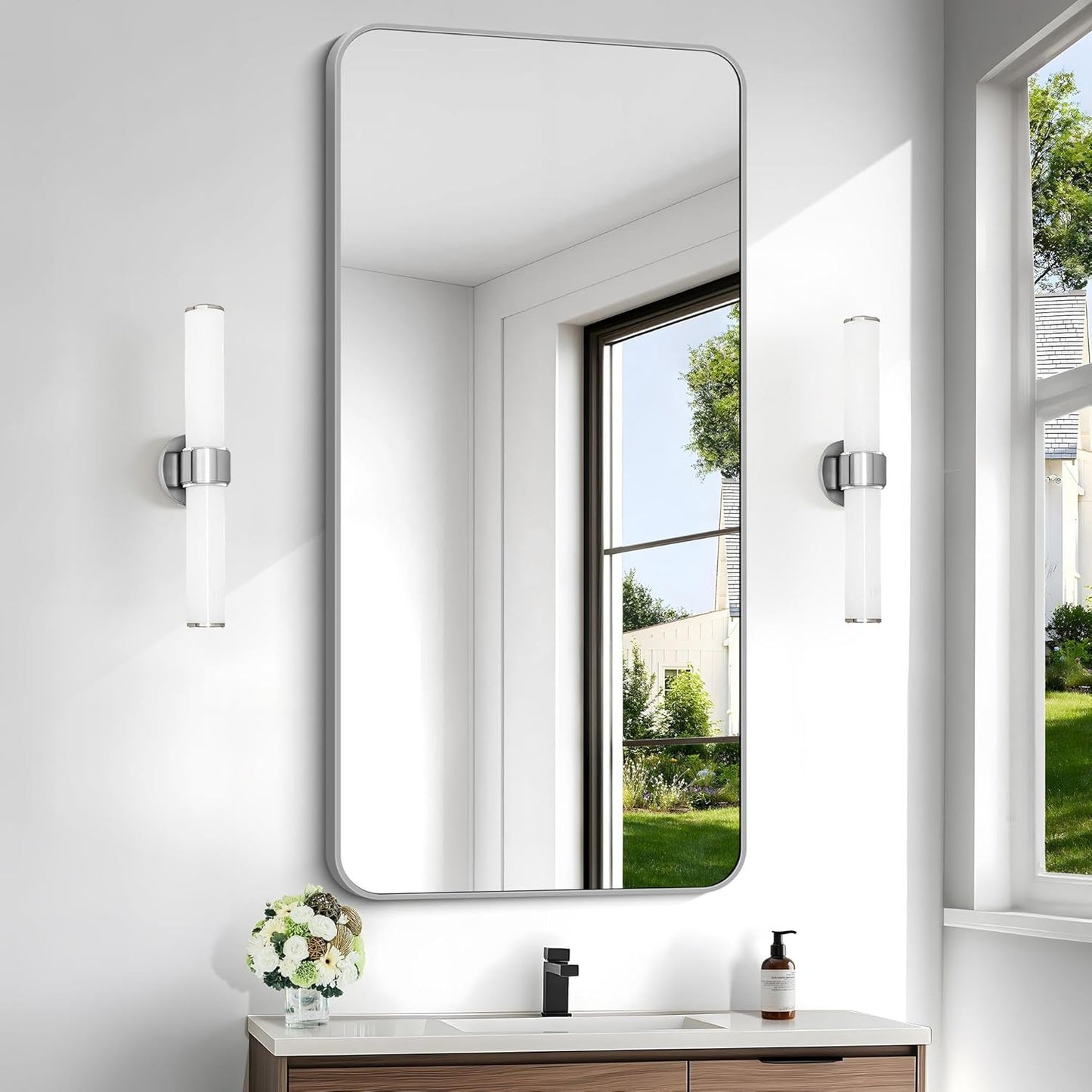 48x24 Inch Silver Bathroom Mirror, Metal Framed Silver Rectangle Mirror, Rounded Rectangular Vanity Mirror, Wall Mounted Mirrors for Living Room Bedroom Entryway Hangs Horizontal or Vertical