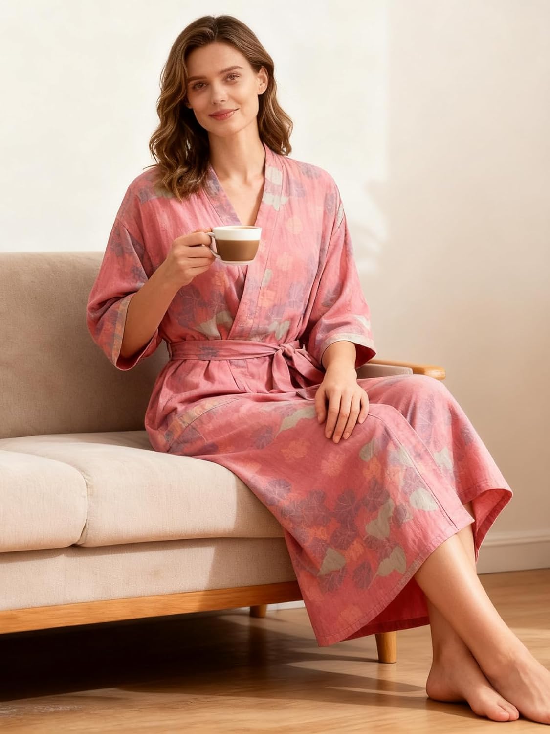 Women Cotton Double Gauze Jacquard Kimono Robe Bathrobe with Belt Pocket Comfortable Loungewear Yukata Sleepwear