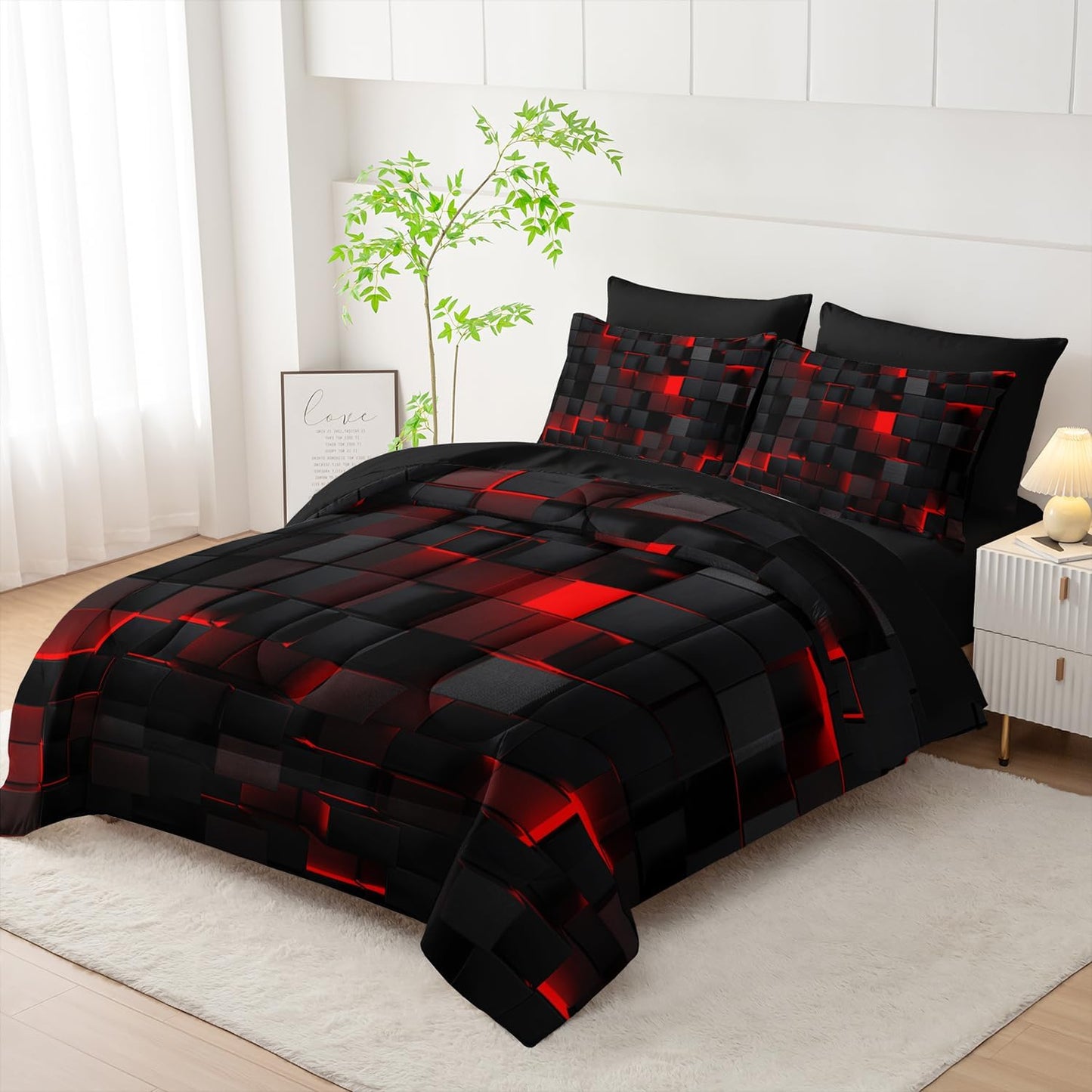 7pc Black & Red Comforter Set Twin - 3D Cube Bed in a Bag, Geometric Pattern, Soft Microfiber Bedding, All Season