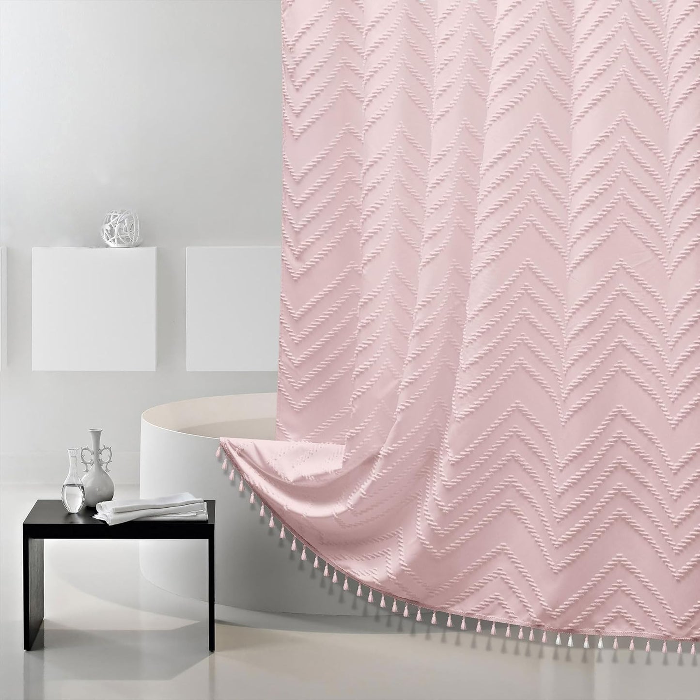 Extra Long Shower Curtains 72 x 84 Inches Tufted Chevron Pink Shower Curtains Fabric for Bathroom Modern Shabby Chic Waterproof Cloth Shower Curtain