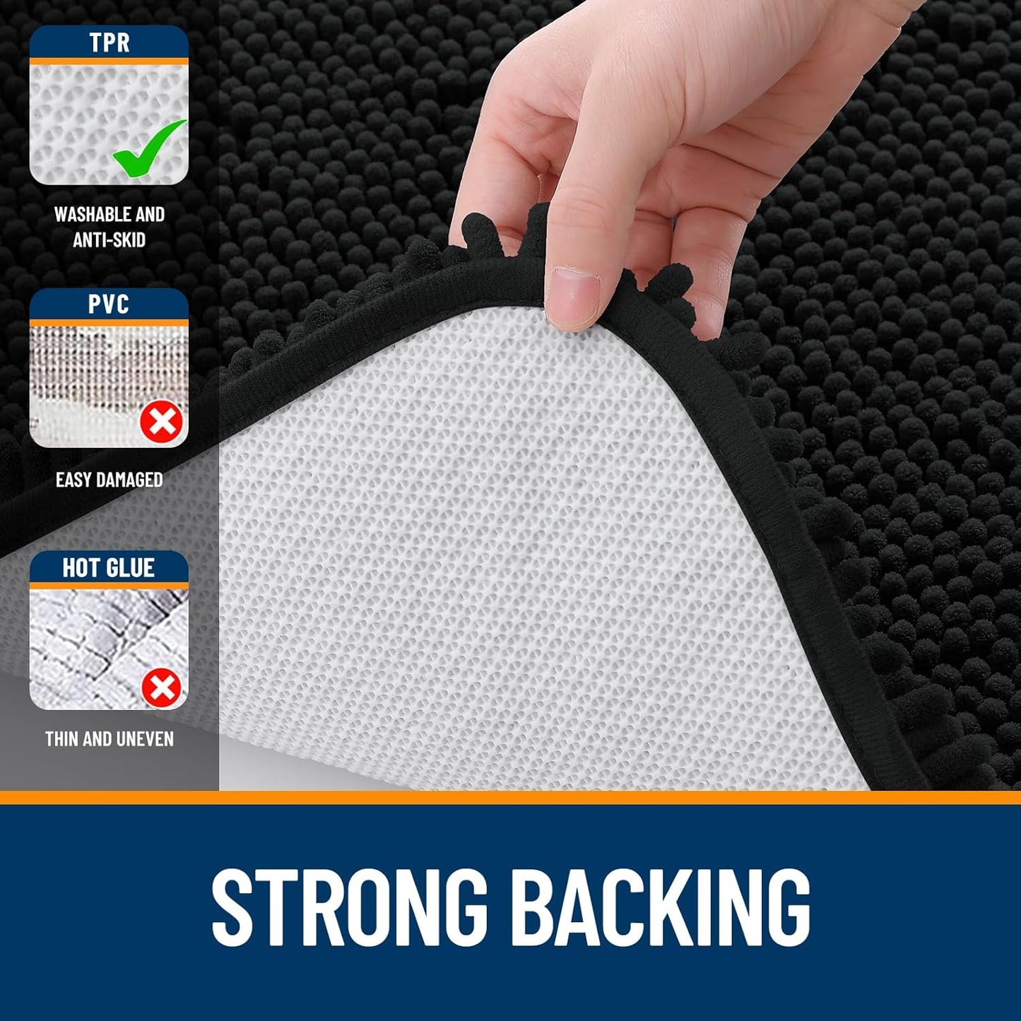 OLANLY Bathroom Rugs 45x27, Extra Soft Absorbent Chenille Bath Rugs, Rubber Backing Quick Dry, Machine Washable Bath Mats for Bathroom Floor, Tub and Shower, Home Decor Accessories, Black