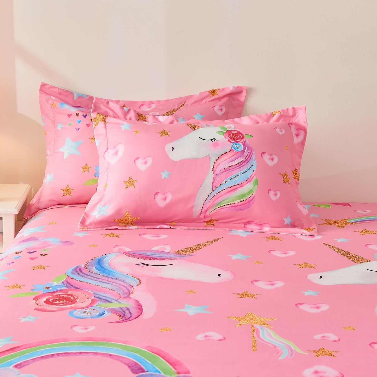 Wajade Pink Unicorn Comforter Set for Girls 7 Piece Cute Cartoon Bedding Set for Kids Queen Size as Birthday Gift with Comforter, Sheet Set, Pillowcase and Sham