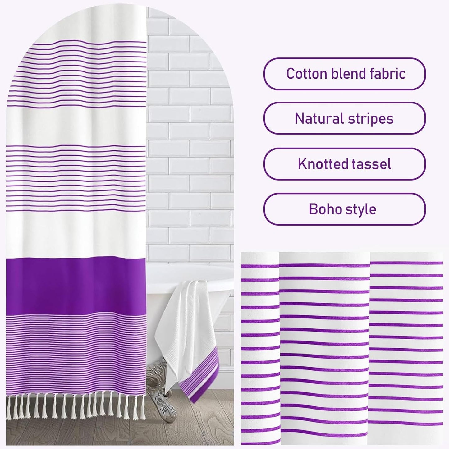 Awellife Boho Purple Shower Curtain for Bathroom Stripe Tassel Shower Curtain 72 X 72 Inches Farmhouse Cotton