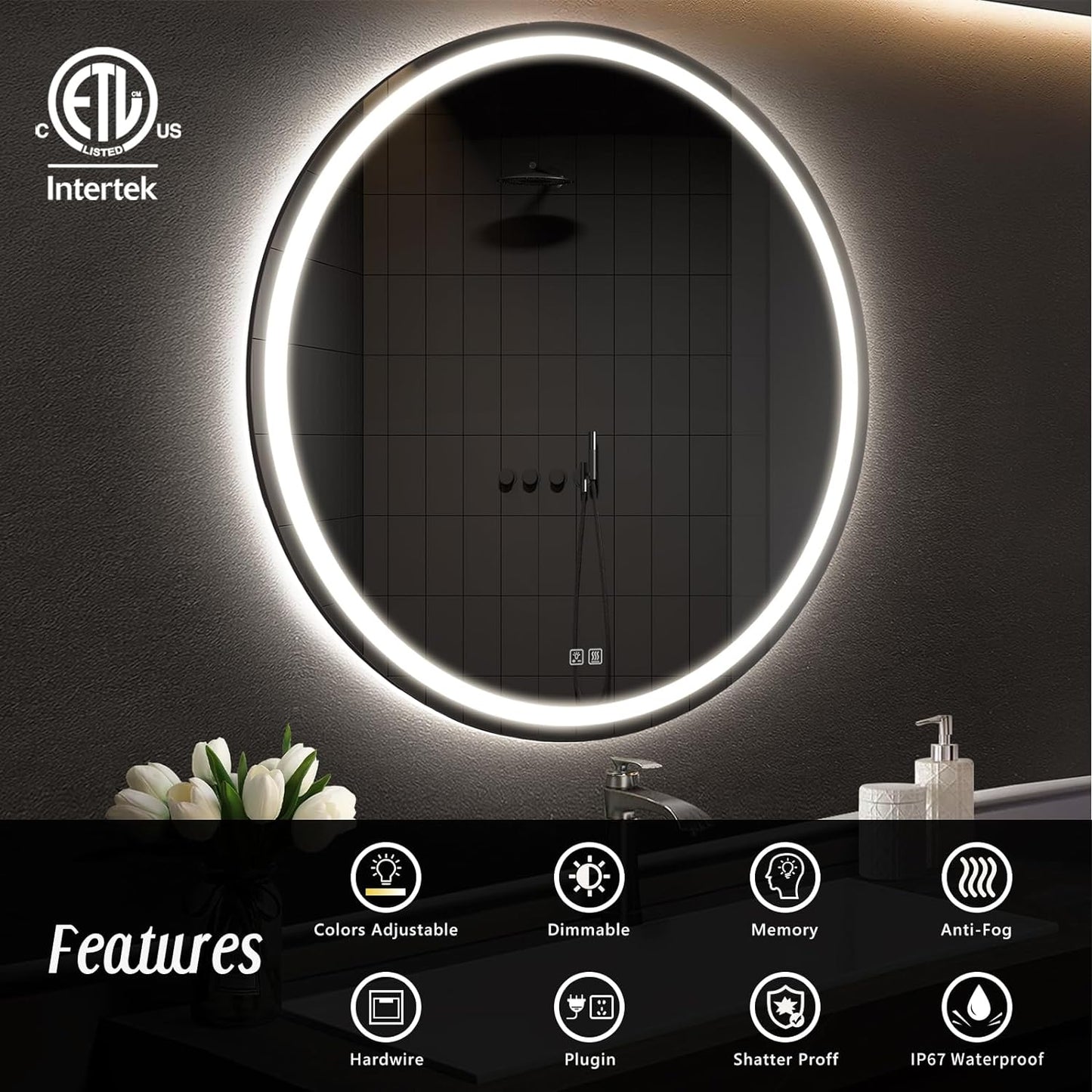 APRILSOUL 40 Inch Round LED Bathroom Mirror with Lights, Makeup Mirror with Front and Backlit, Anti-Fog, 3 Colors and Dimmable Light